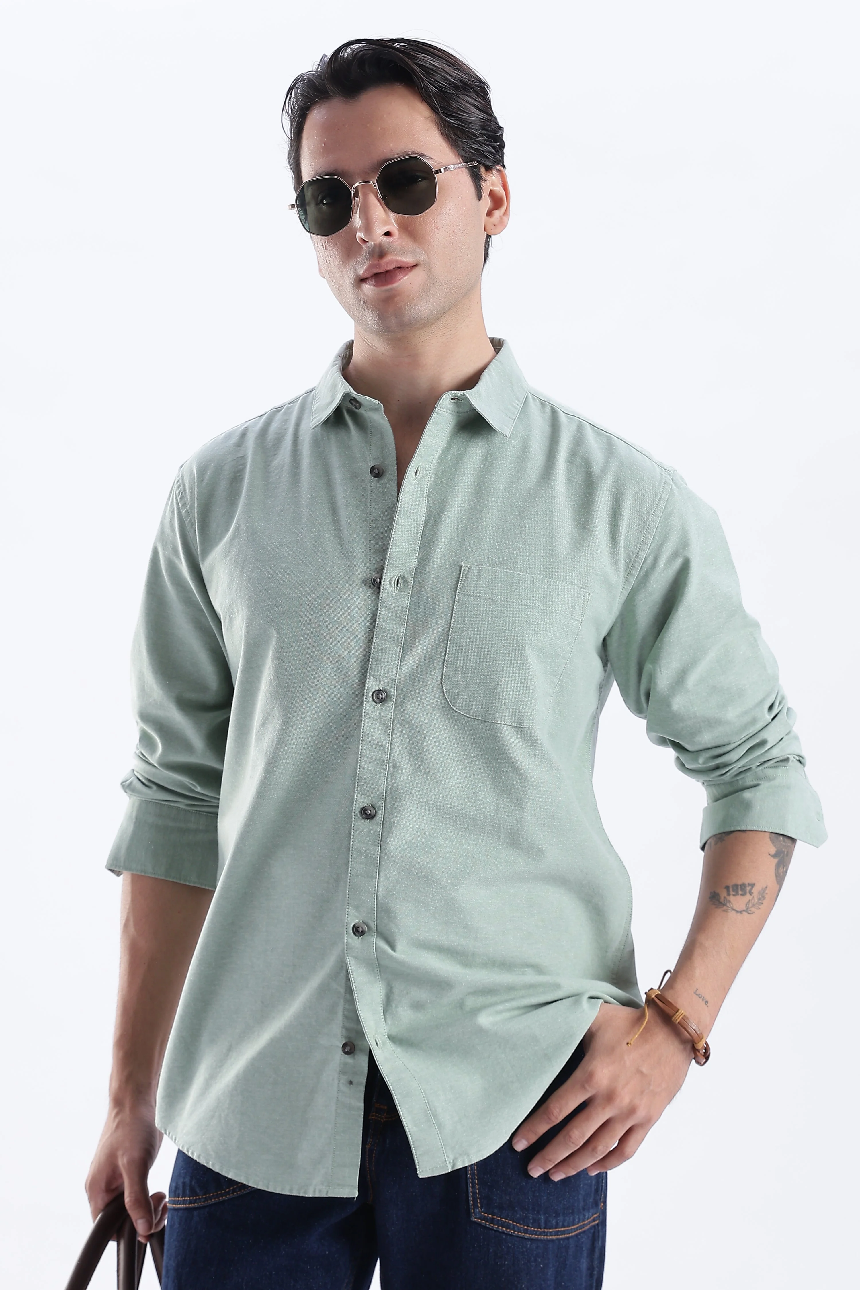 Uri Sea Green Spread Collar Oxford Shirt - Image 8