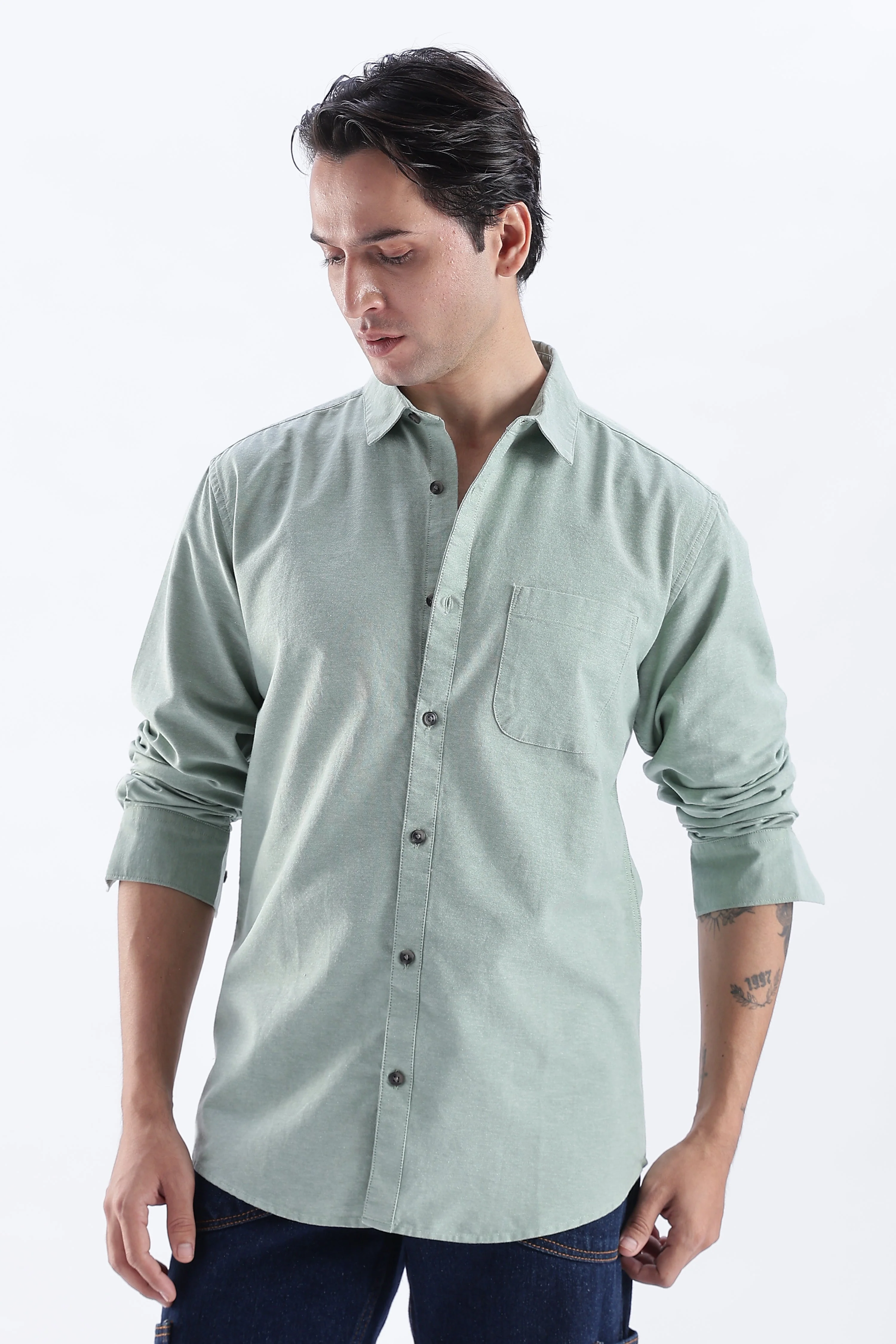 Uri Sea Green Spread Collar Oxford Shirt - Image 9