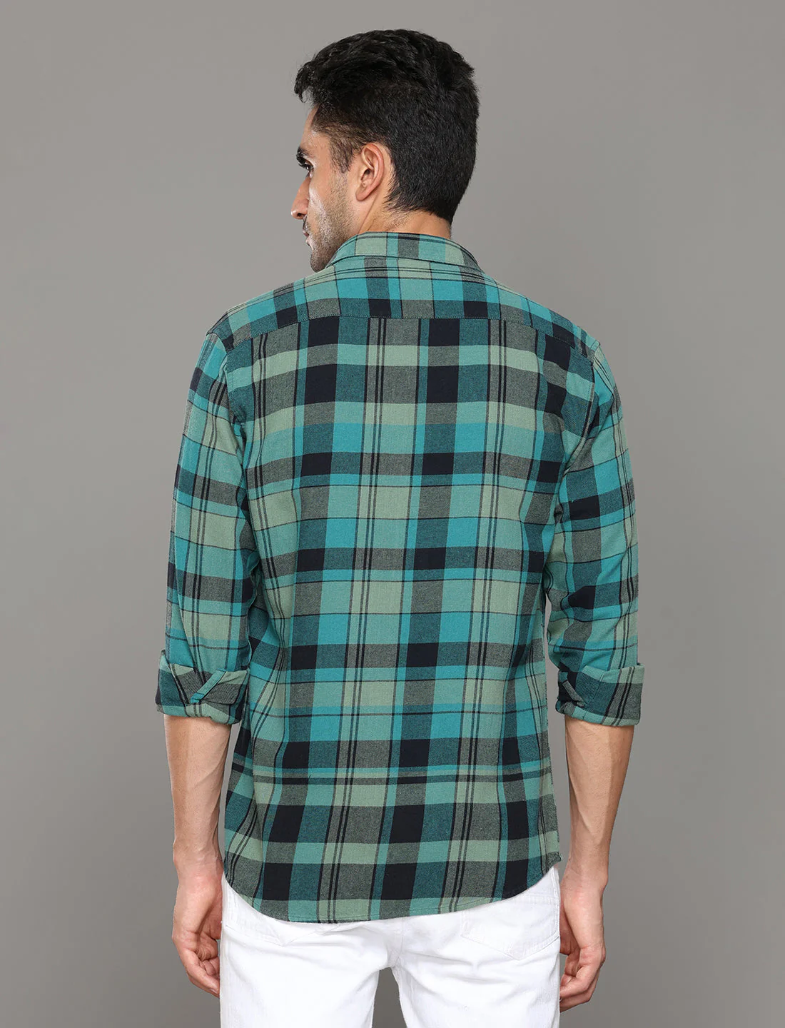 Uri Teal Checked Regular Fit Flannel Cotton Casual Shirt - Image 3