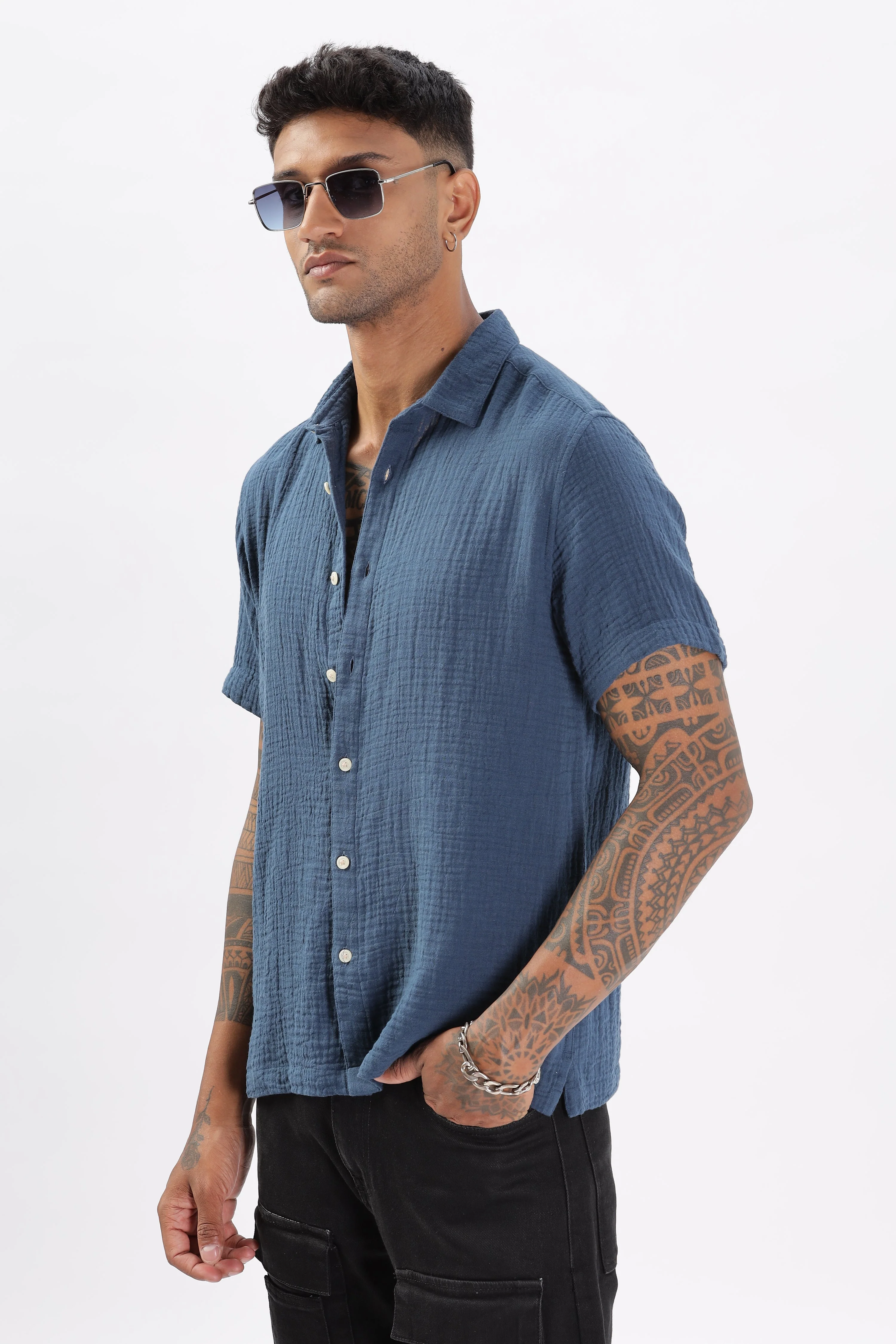 Uri Textured Boxy Fit Blue Shirt - Image 6
