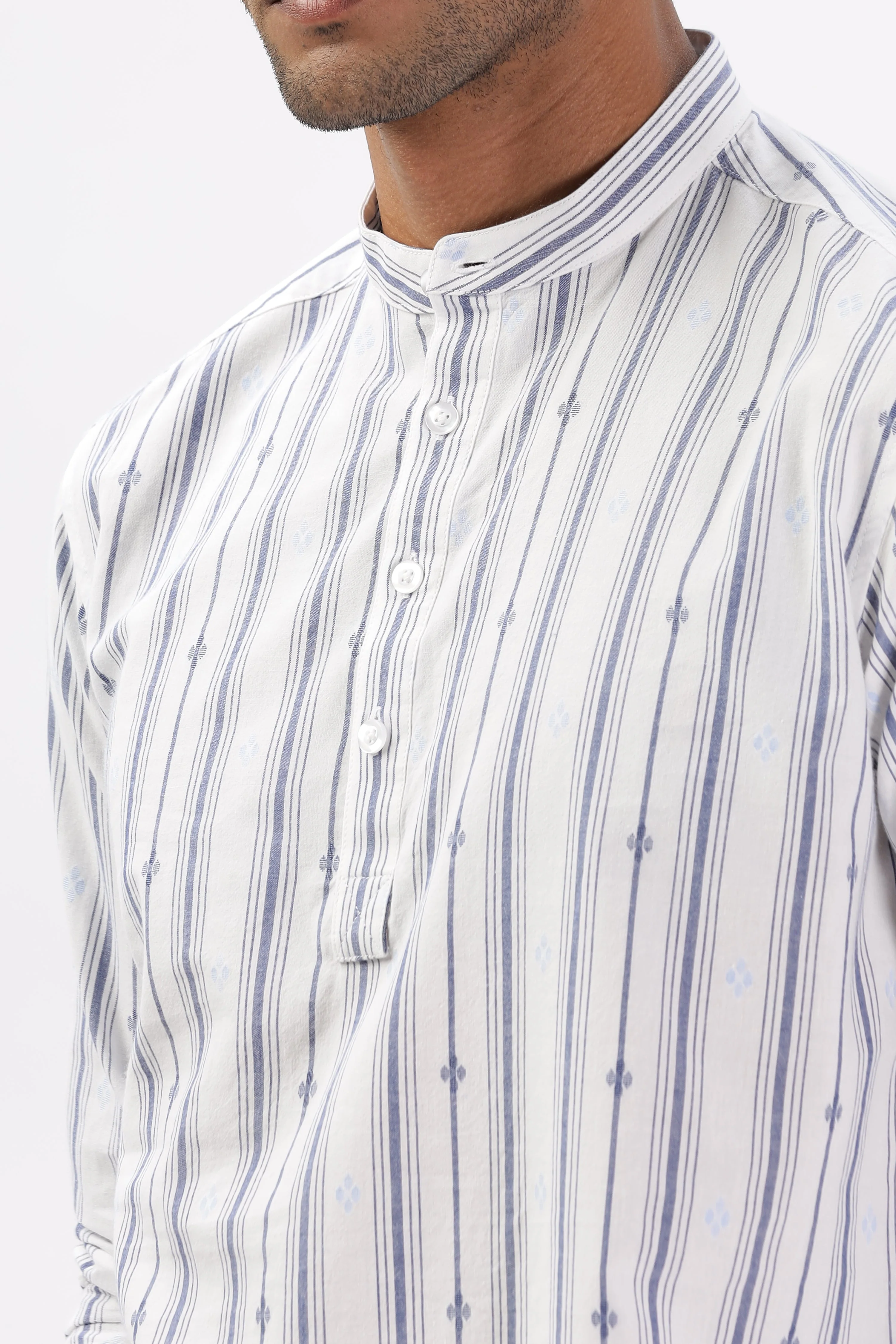 Uri White & Blue Dobby Striped Short Kurta - Image 8