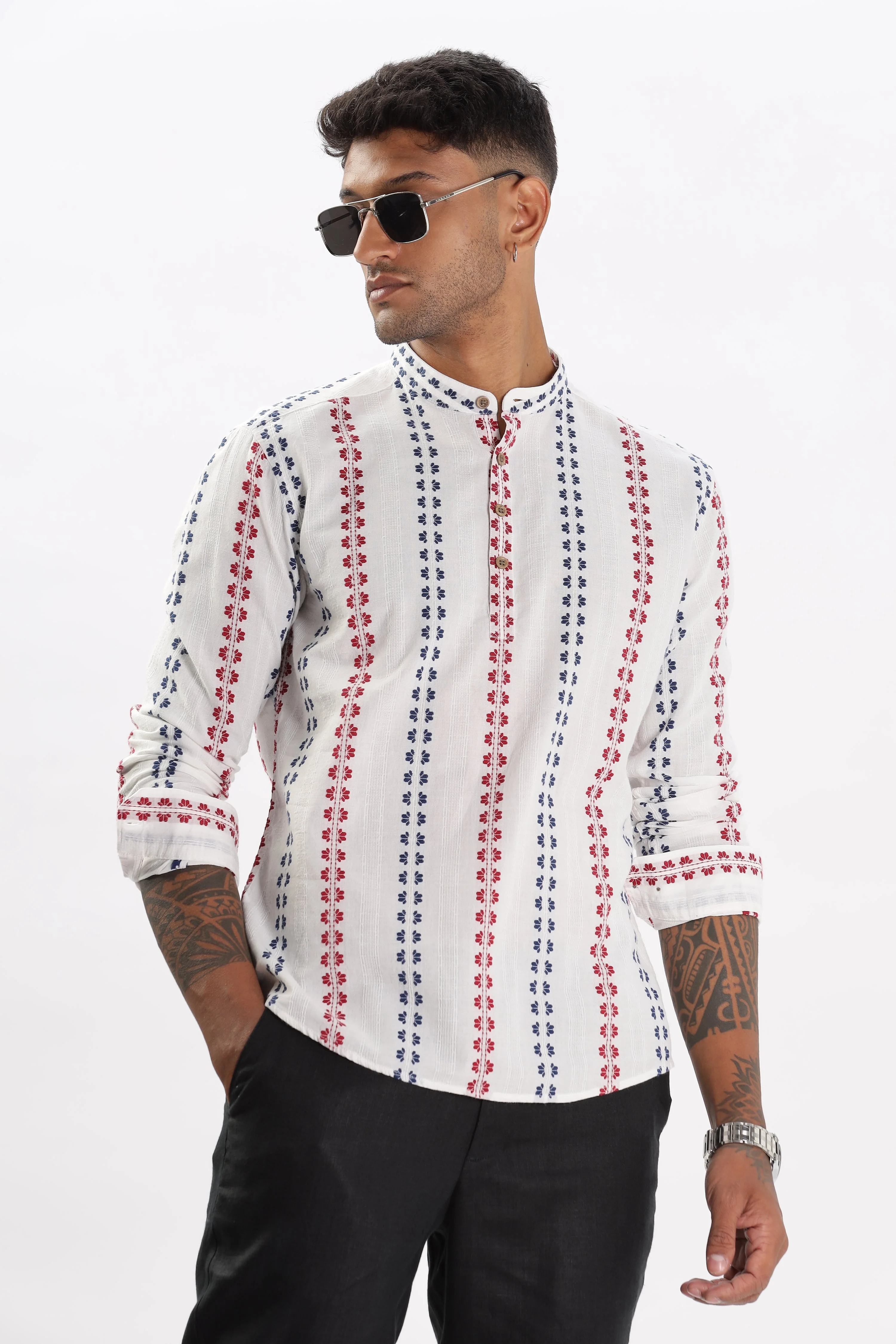 Uri White Dobby Striped Short Kurta