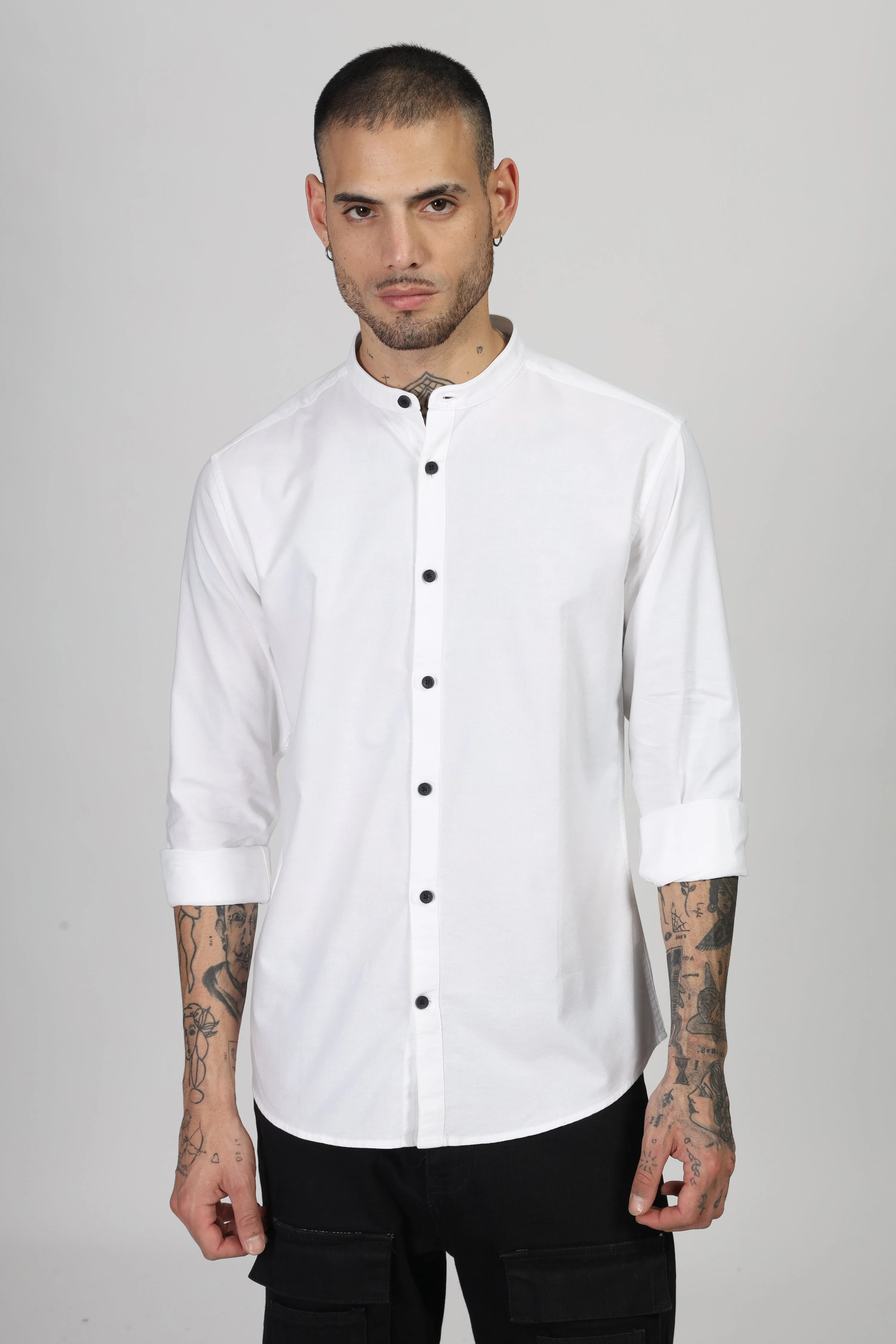 Uri White Mandarin Collar Oxford Shirt