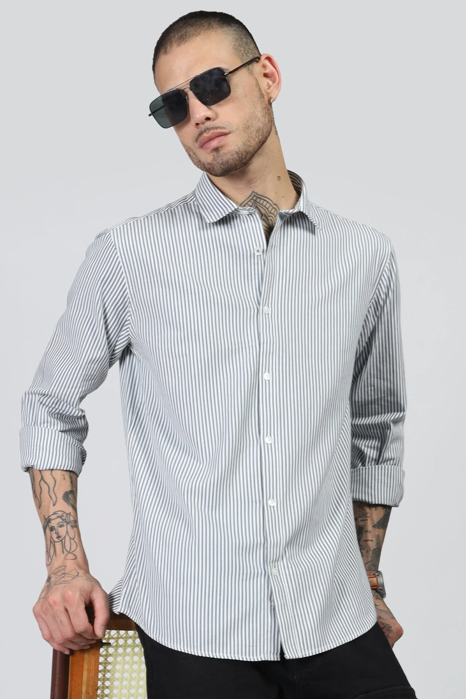 Uri White & Olive Stripe Full Sleeve Shirt - Image 19