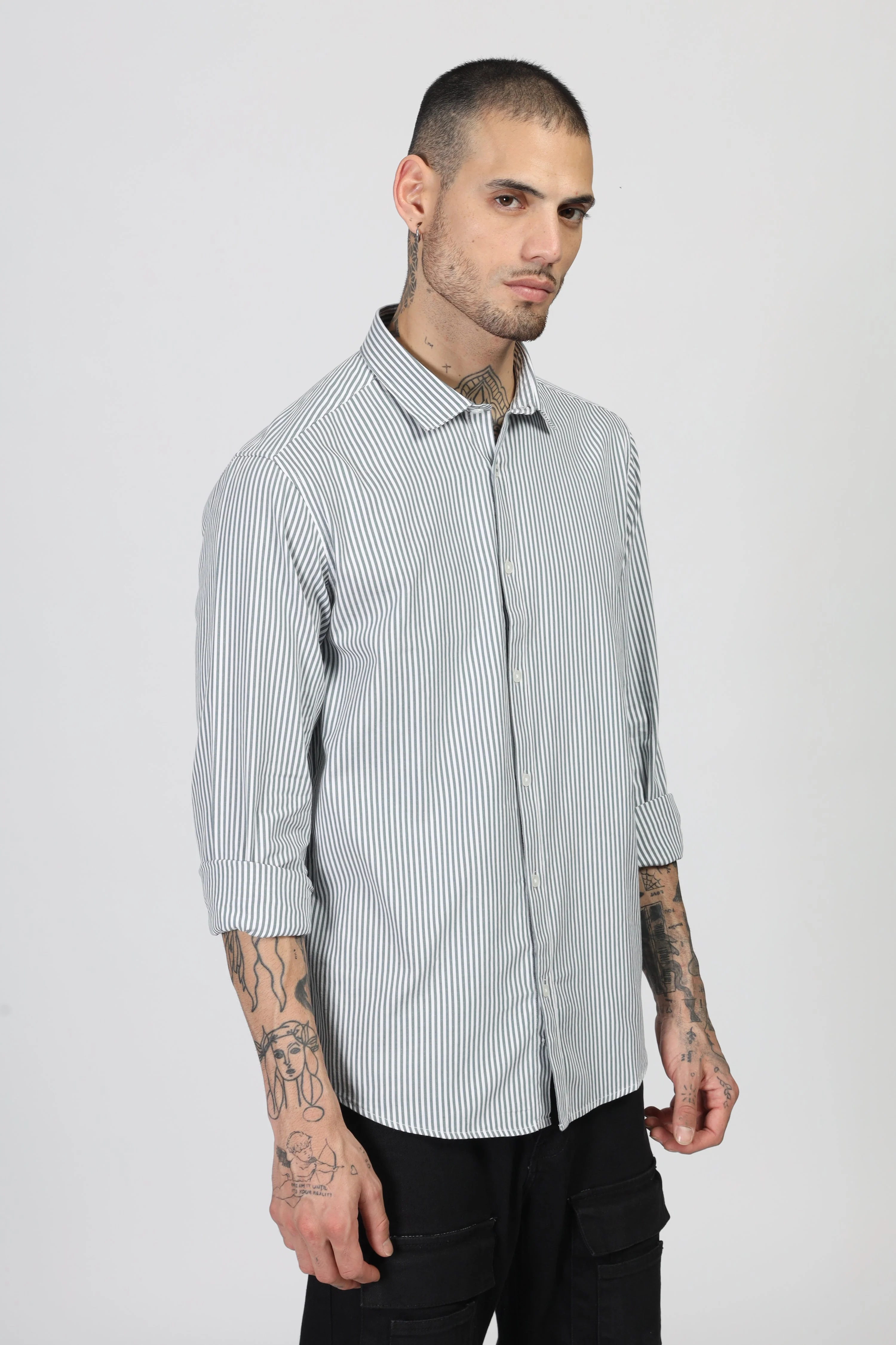 Uri White & Olive Stripe Full Sleeve Shirt - Image 2