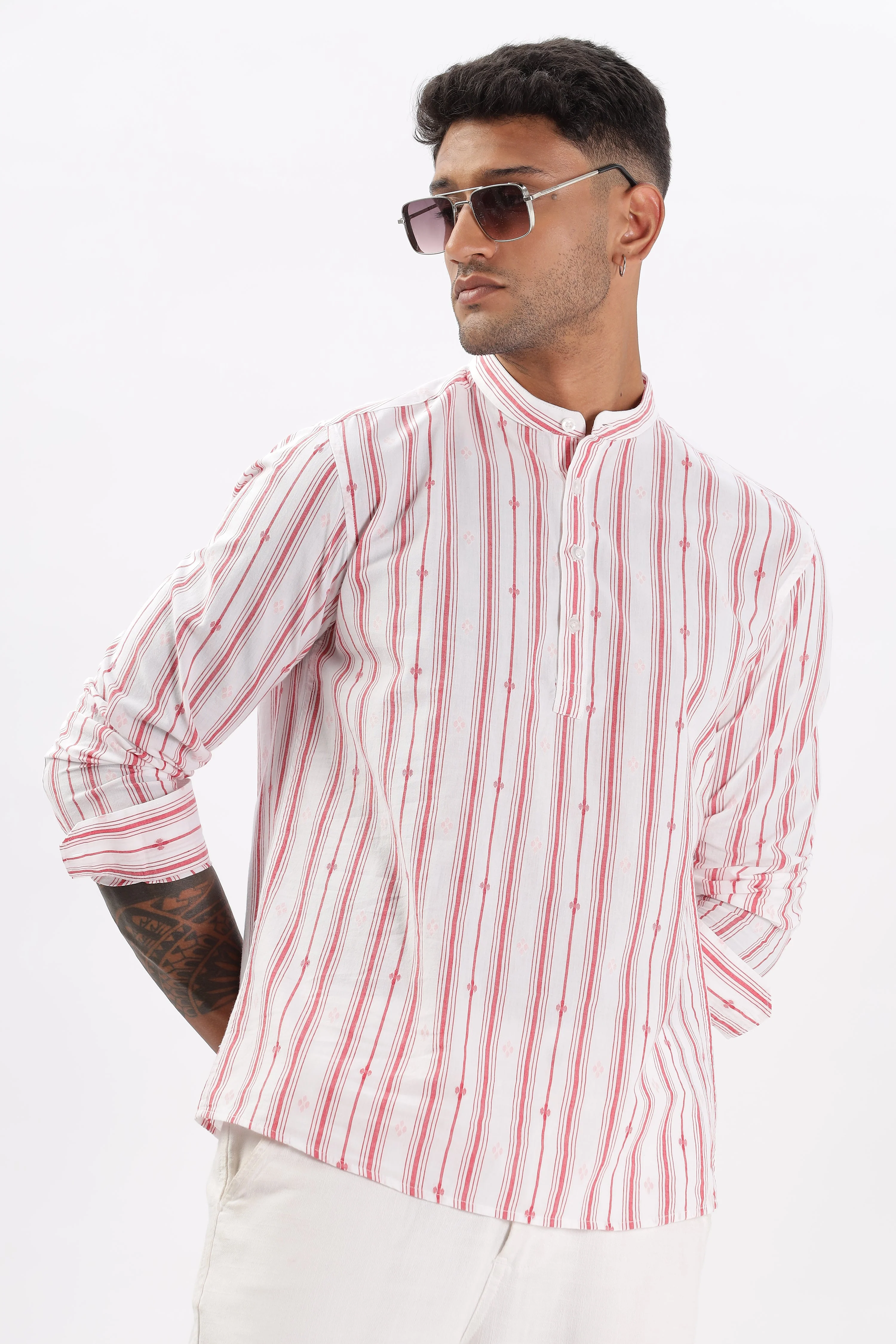 Uri White & Red Dobby Striped Short Kurta - Image 12