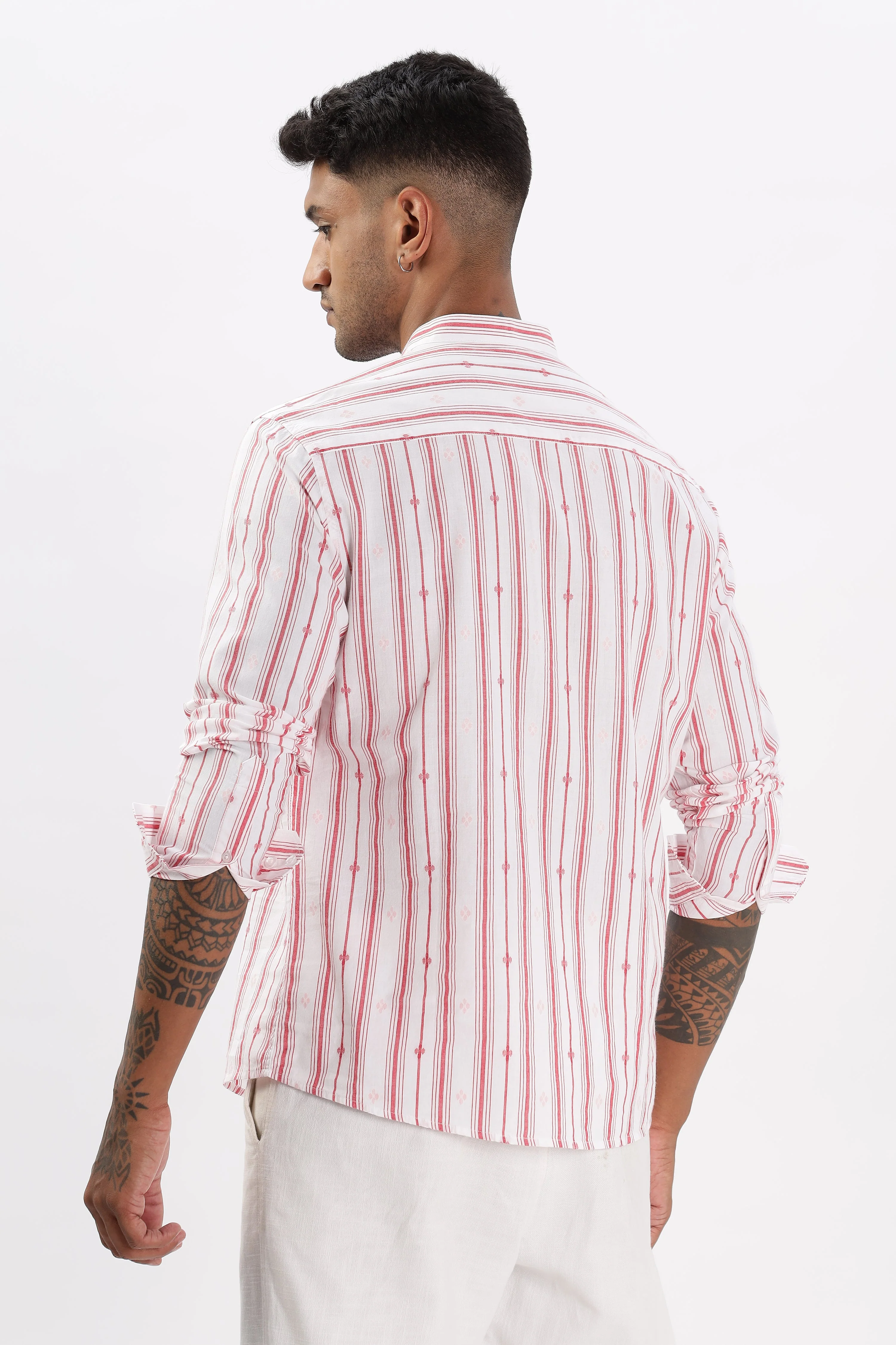 Uri White & Red Dobby Striped Short Kurta - Image 4