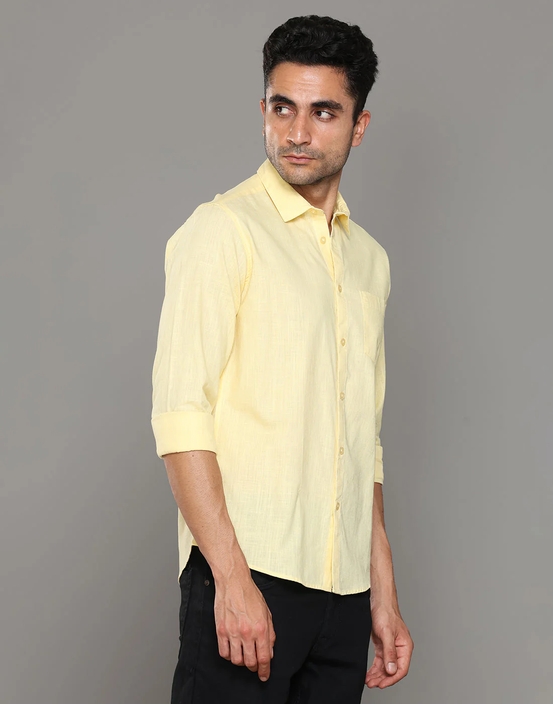Uri Yellow Amsler Slub Solid Casual Shirt - Image 3