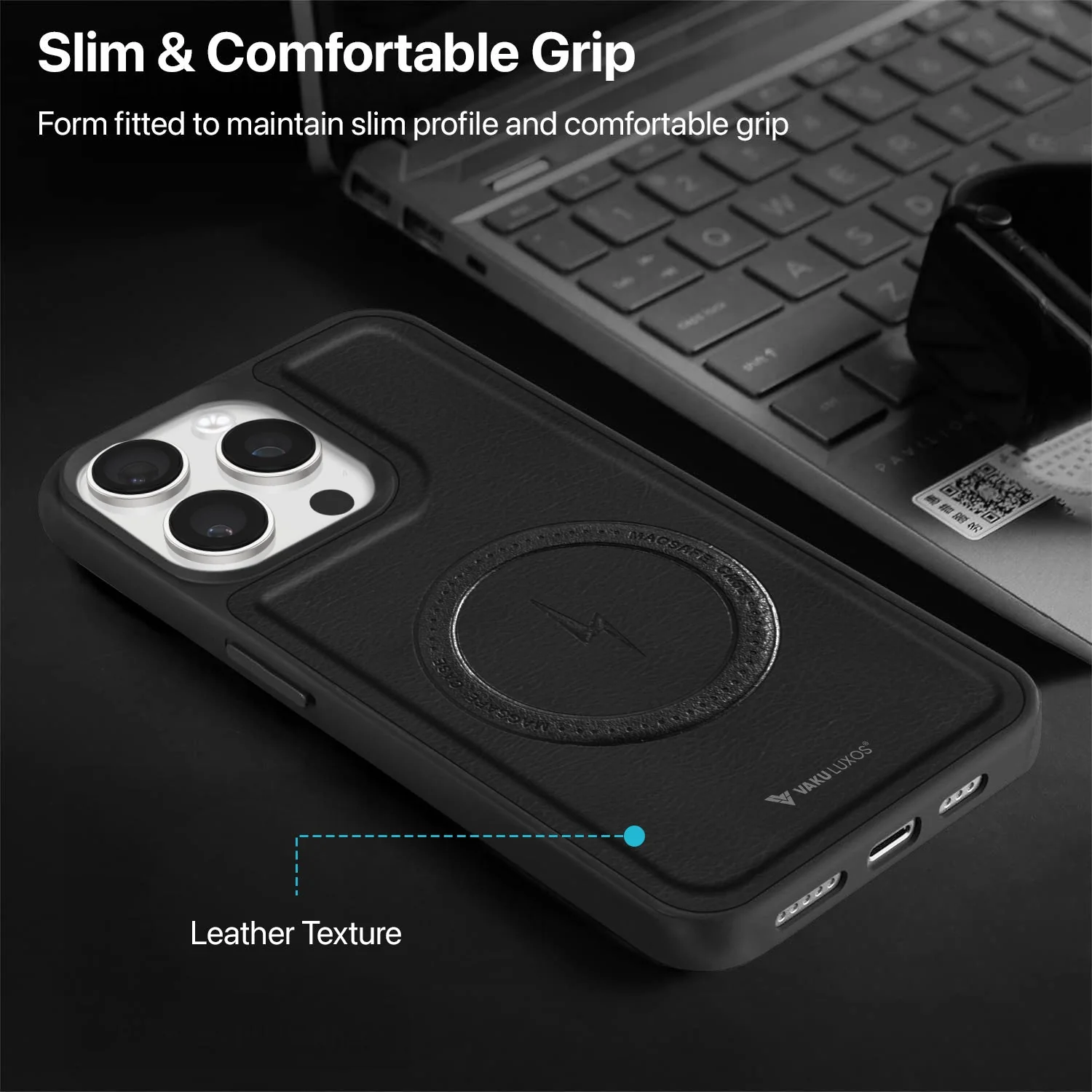 Vaku ® Apple iPhone 15 Pro Max Maxtron Leather Stitched Magnetic Magsafe Non-Slip Grip Shockproof Back Cover - Image 6