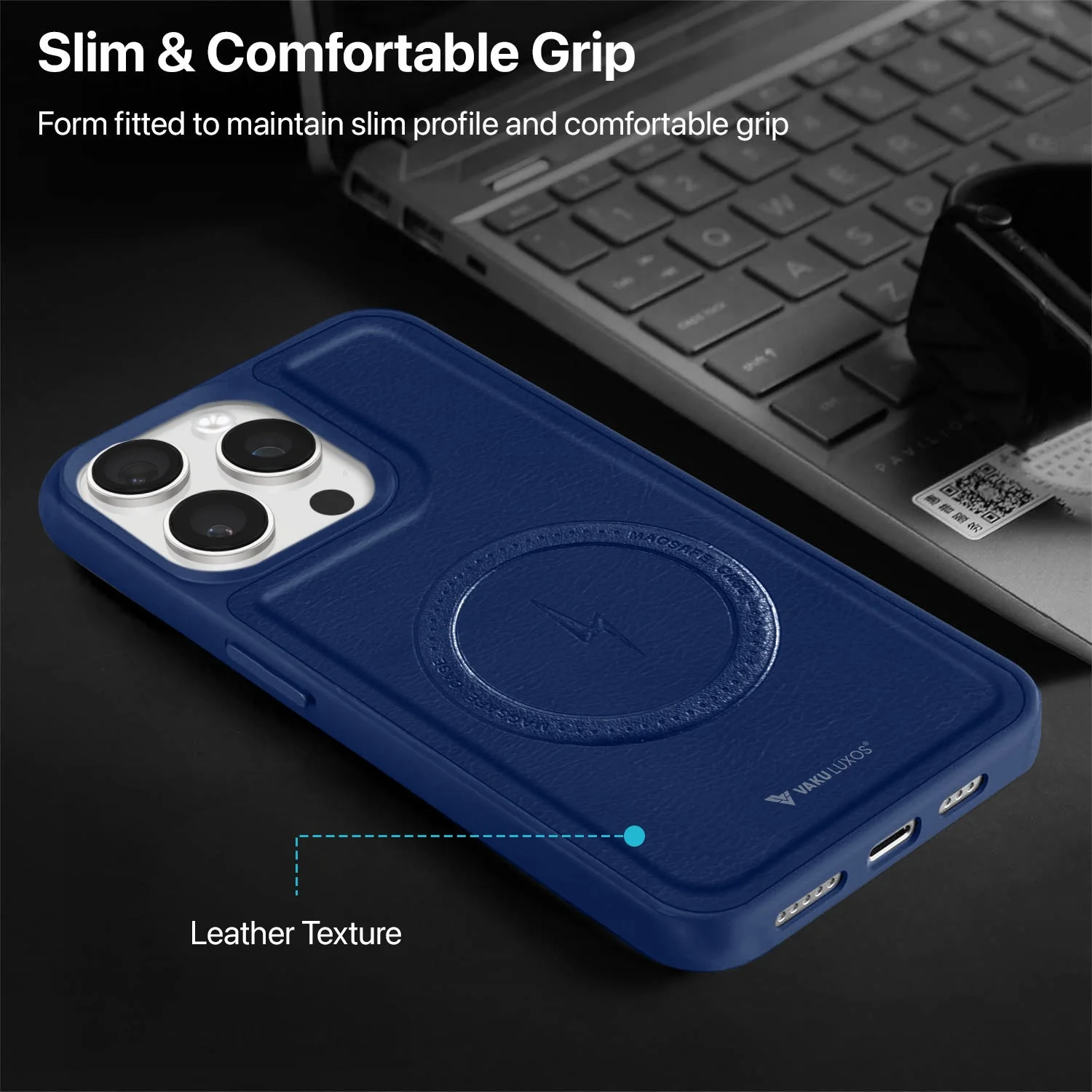 Vaku ® Apple iPhone 15 Pro Maxtron Leather Stitched Magnetic Magsafe Non-Slip Grip Shockproof Back Cover - Image 5