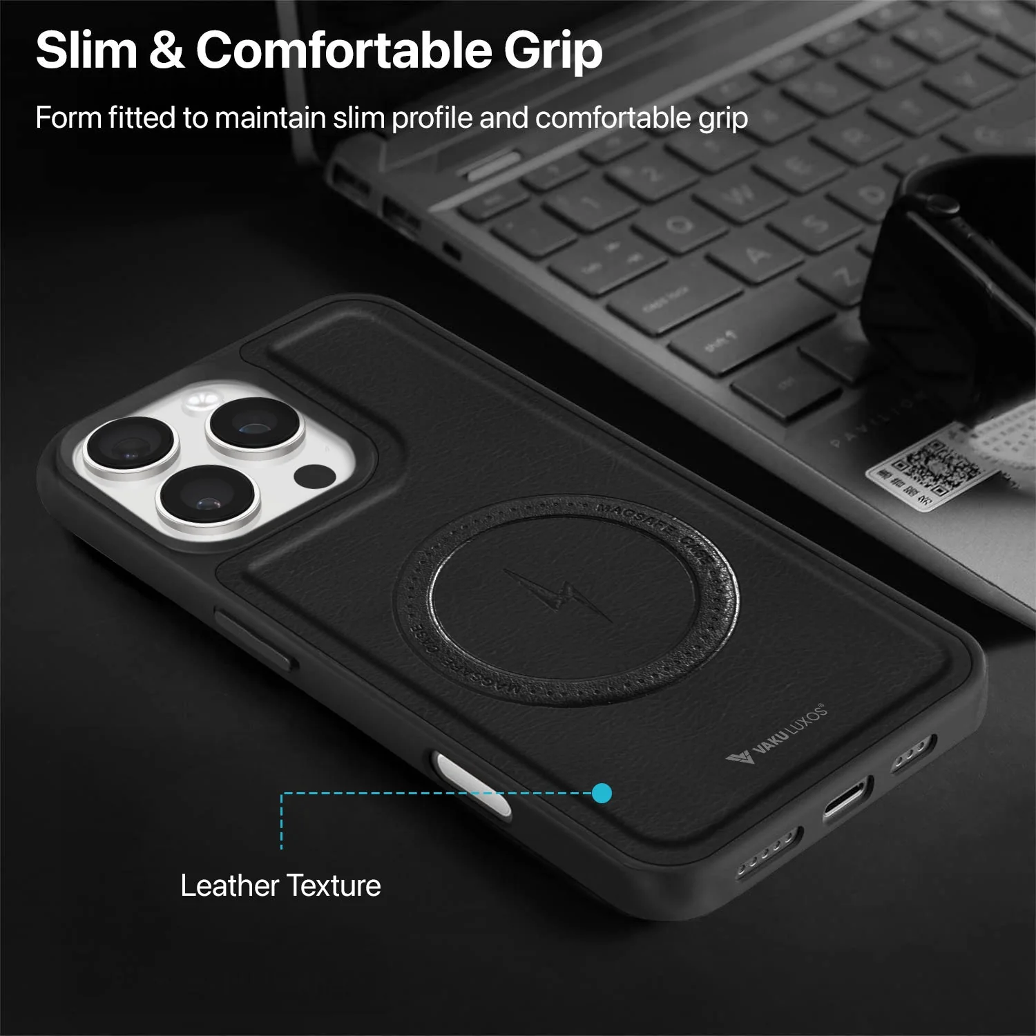 Vaku ® Apple iPhone 16 Pro Max Maxtron Leather Stitched Magnetic Magsafe Non-Slip Grip Shockproof Back Cover - Image 15