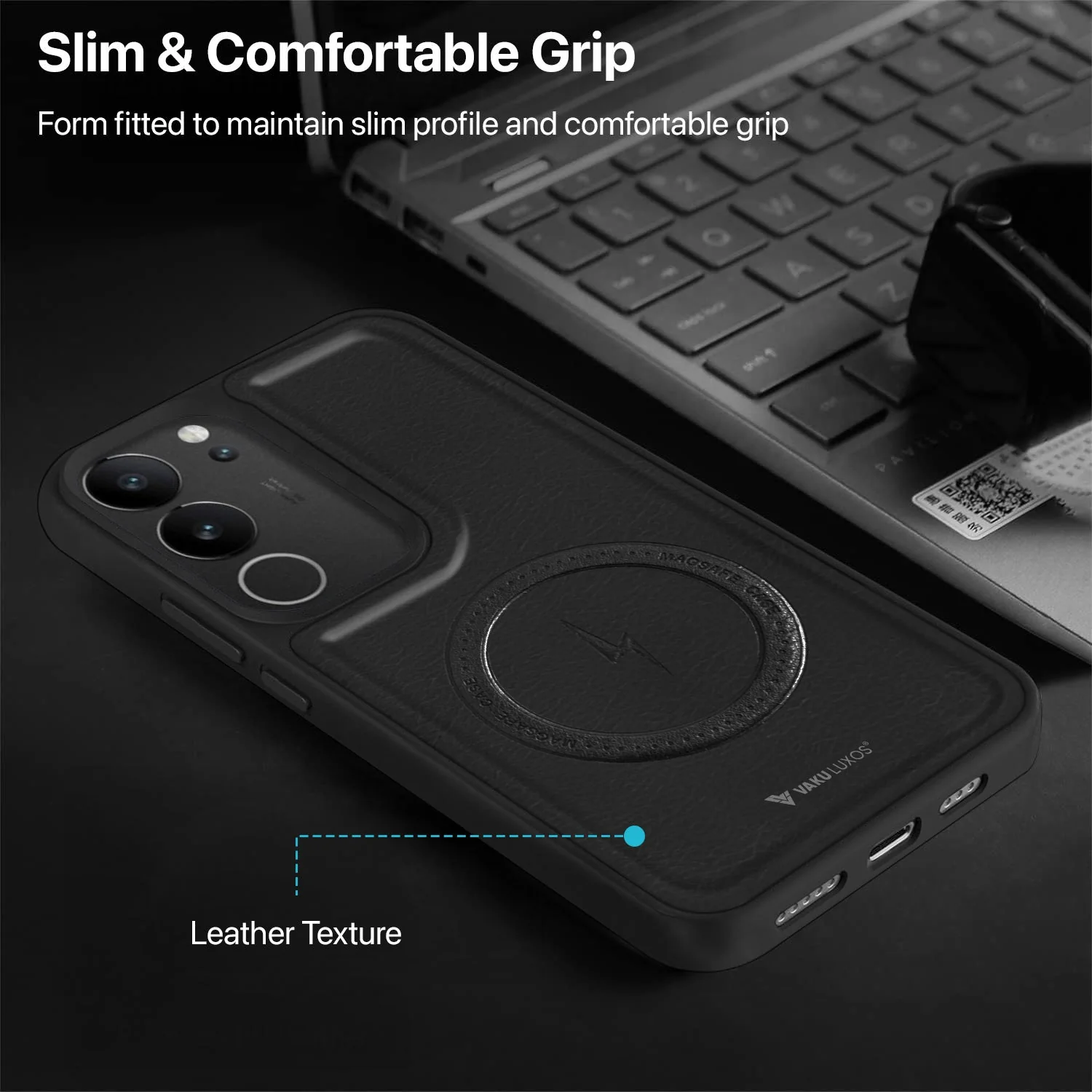 Vaku ® Vivo V29 5G Maxtron Leather Stitched Magnetic Magsafe Non-Slip Grip Shockproof Back Cover - Image 9