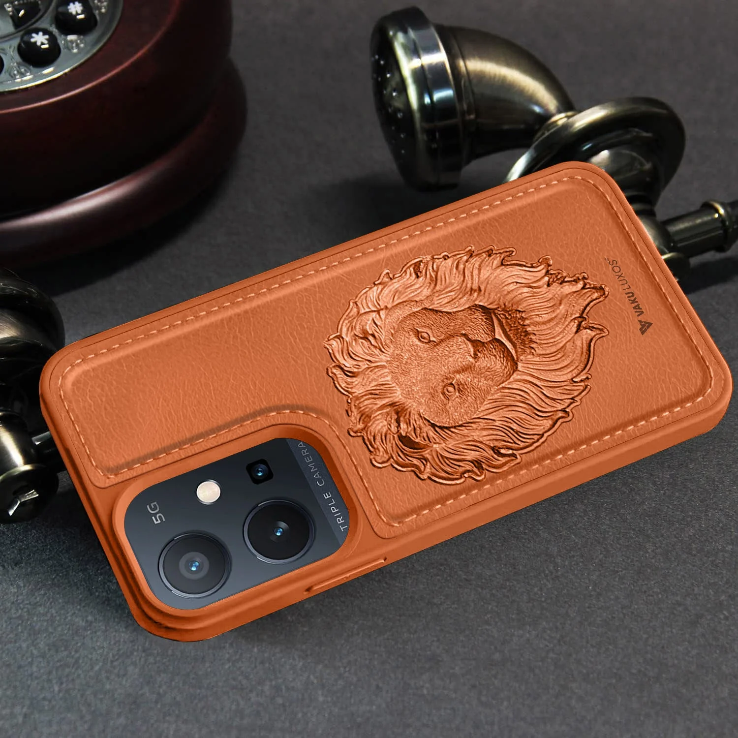Vaku ® Vivo Y75 5G Lion Embossed Luxury Designer Leather Protective Back Cover Case - Image 8