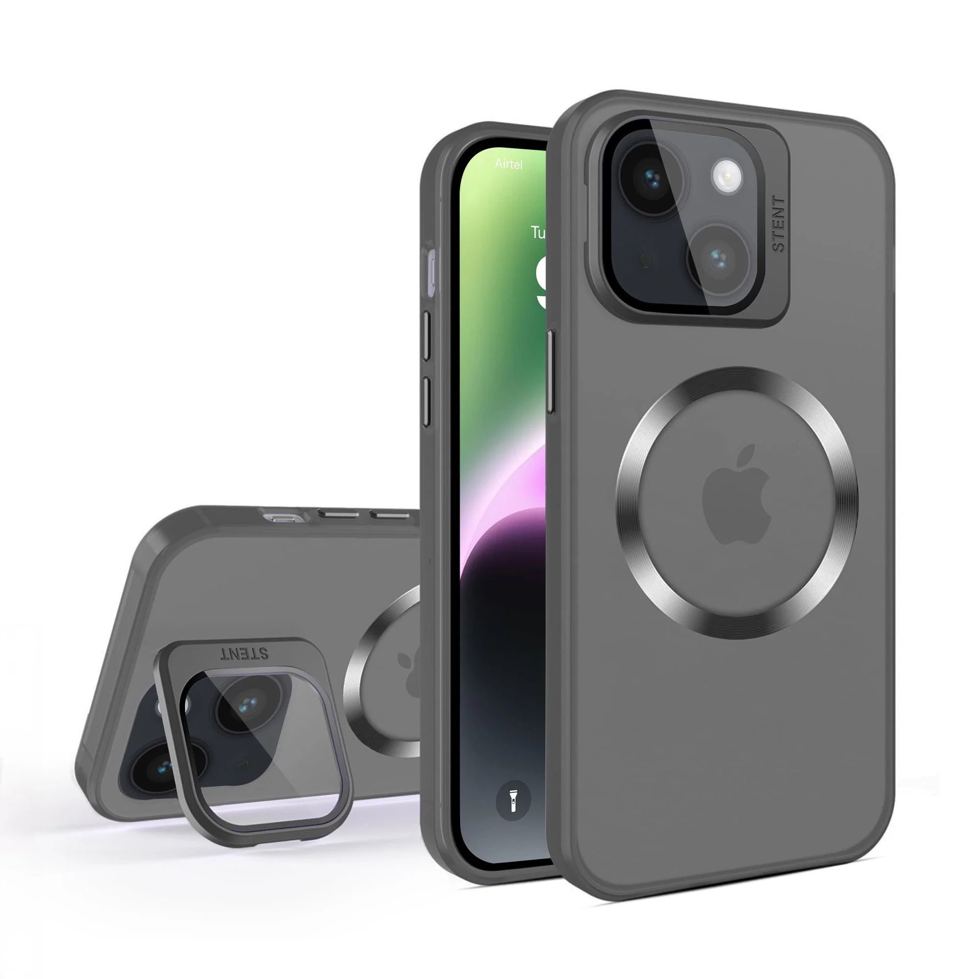 Vaku® Apple iPhone 14 Rime Frosted Magnetic Magpro Translucent Camera Protector Case with Built-in Stash Stand Back Cover