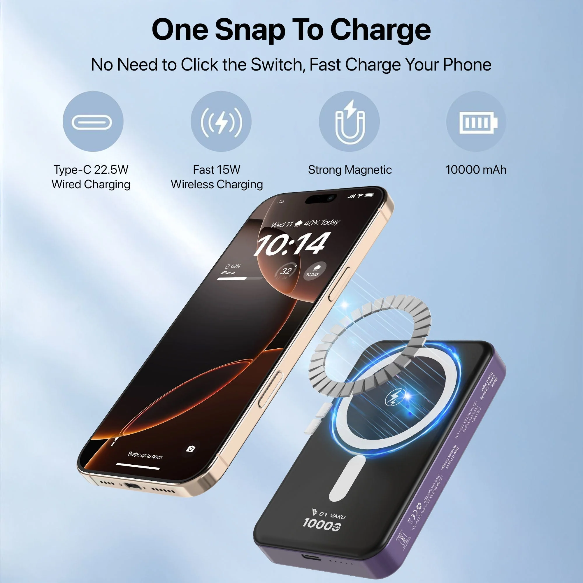 Vaku® Magforge MagPro 10000mAh Magnetic Wireless Power Bank 15w Magsafe & 22.5w PD Type C Fast Charging For iPhone 16/15/14/13 Series iWatch & Airpods - Image 9