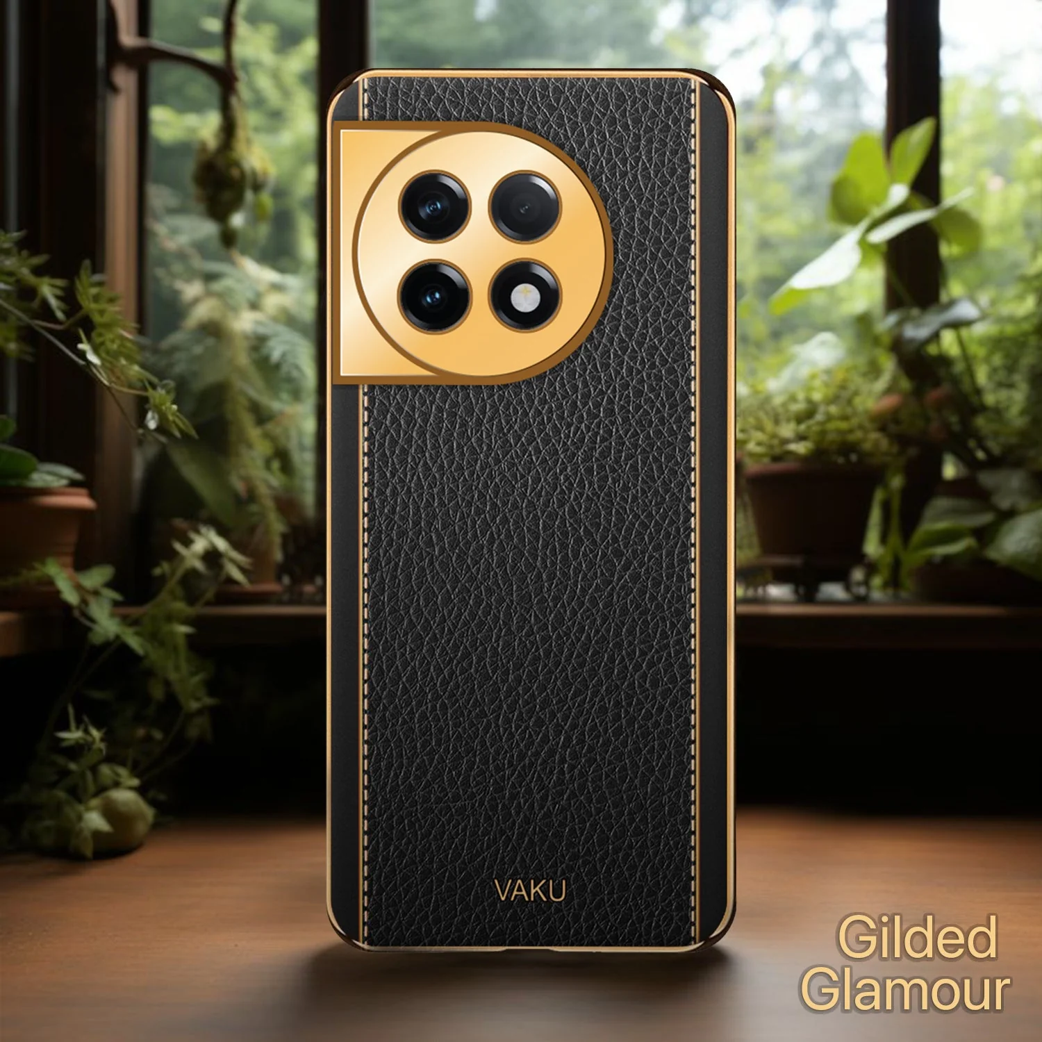Vaku® OnePlus 11R Luxemberg Series Leather Stitched Gold Electroplated Soft TPU Back Cover - Image 13