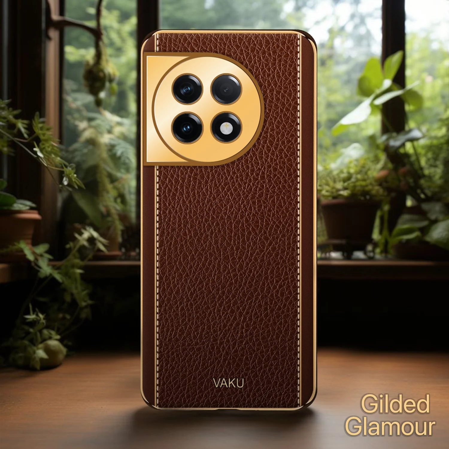 Vaku® OnePlus 11R Luxemberg Series Leather Stitched Gold Electroplated Soft TPU Back Cover - Image 5