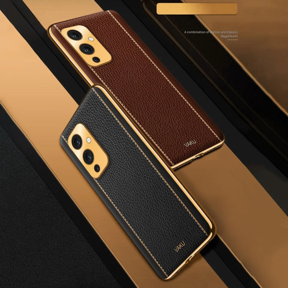 Vaku® OnePlus 9 Luxemberg Series Leather Stitched Gold Electroplated Soft TPU Back Cover - Image 6