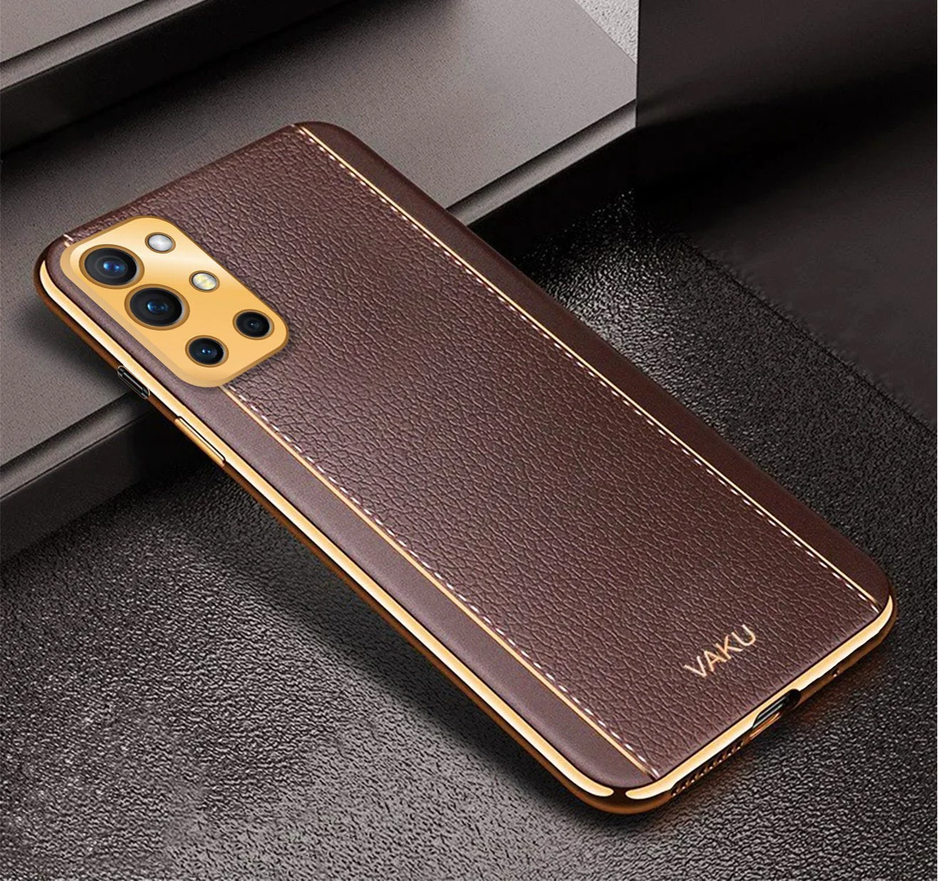 VakuĀ® Oneplus 9R Luxemberg Series Leather Stitched Gold Electroplated Soft TPU Back Cover