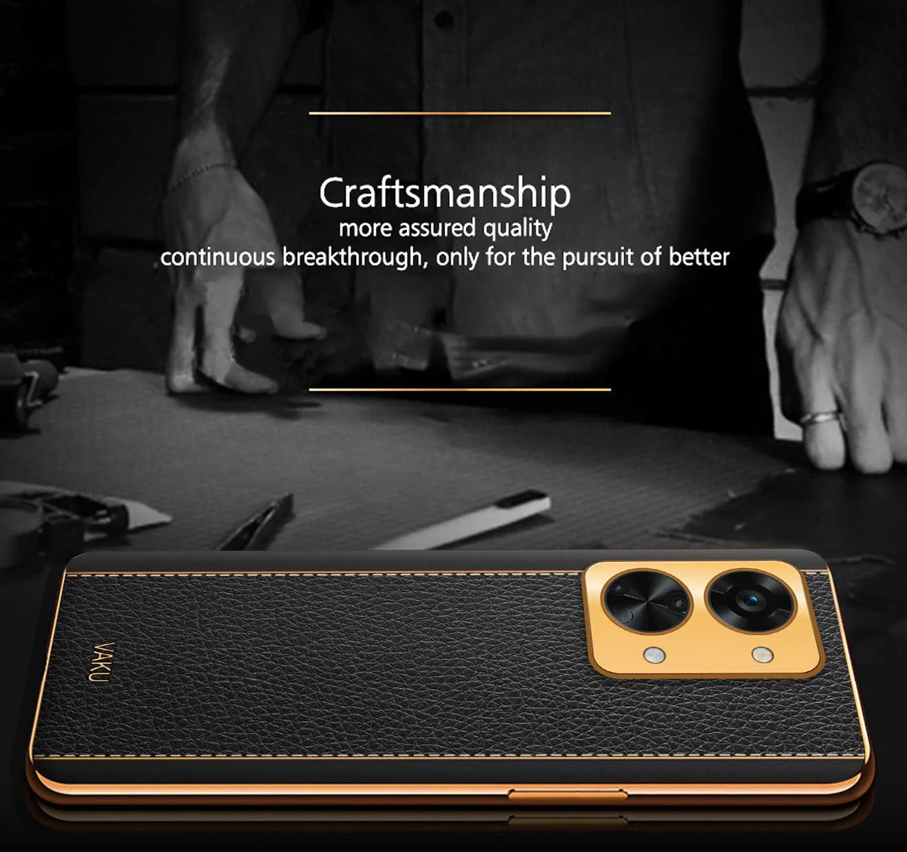 Vaku® OnePlus Nord 2T 5G Luxemberg Series Leather Stitched Gold Electroplated Soft TPU Back Cover - Image 12