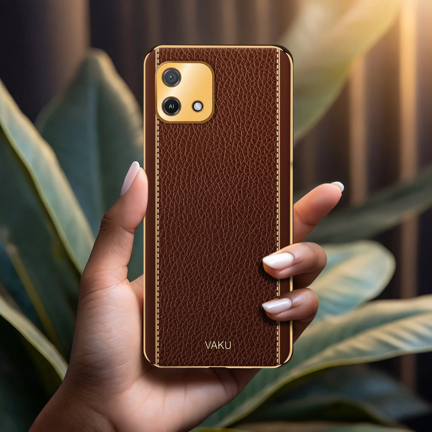 Vaku® Oppo A16e Luxemberg Series Leather Stitched Gold Electroplated Soft TPU Back Cover - Image 14