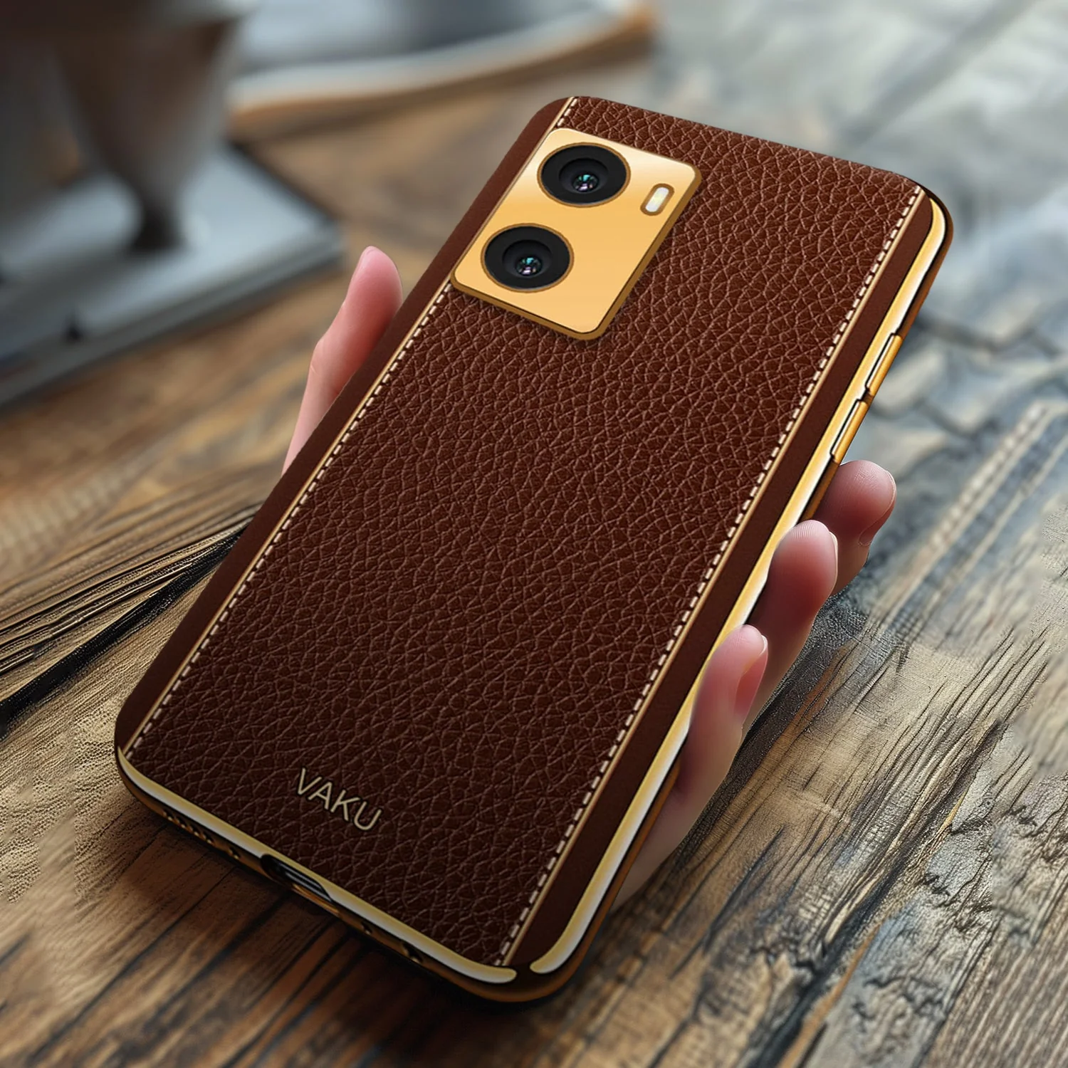 Vaku® Oppo A77 4G Luxemberg Series Leather Stitched Gold Electroplated Soft TPU Back Cover
