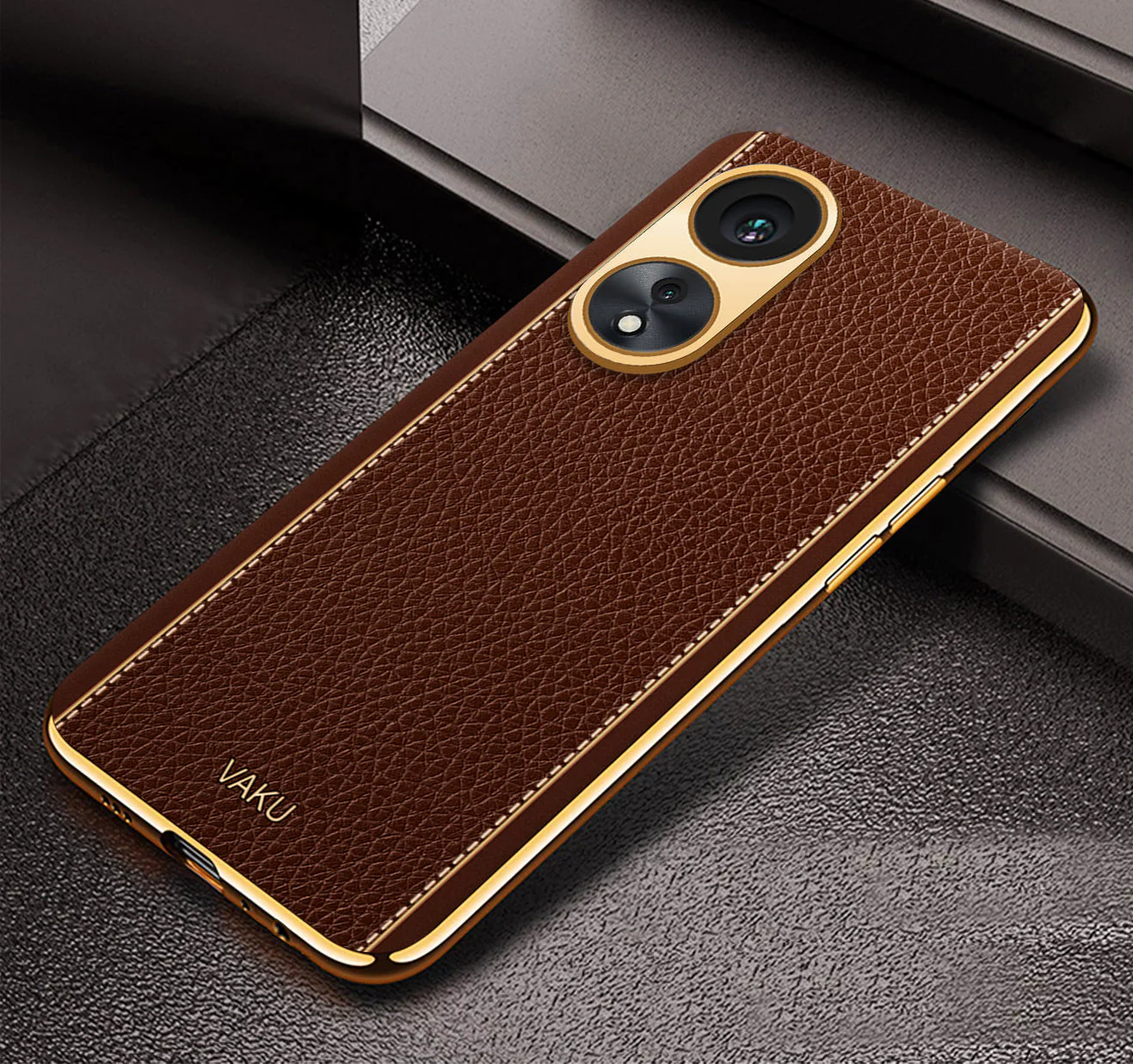 Vaku® Oppo A78 Luxemberg Series Leather Stitched Gold Electroplated Soft TPU Back Cover - Image 12