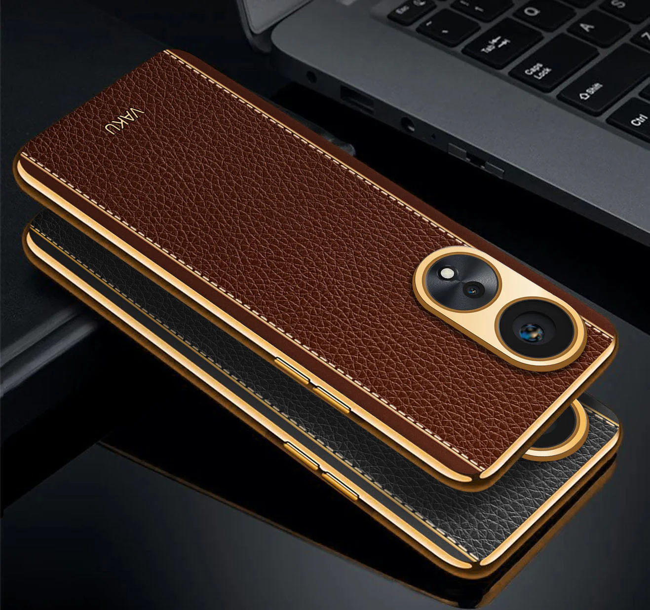 Vaku® Oppo A78 Luxemberg Series Leather Stitched Gold Electroplated Soft TPU Back Cover - Image 5