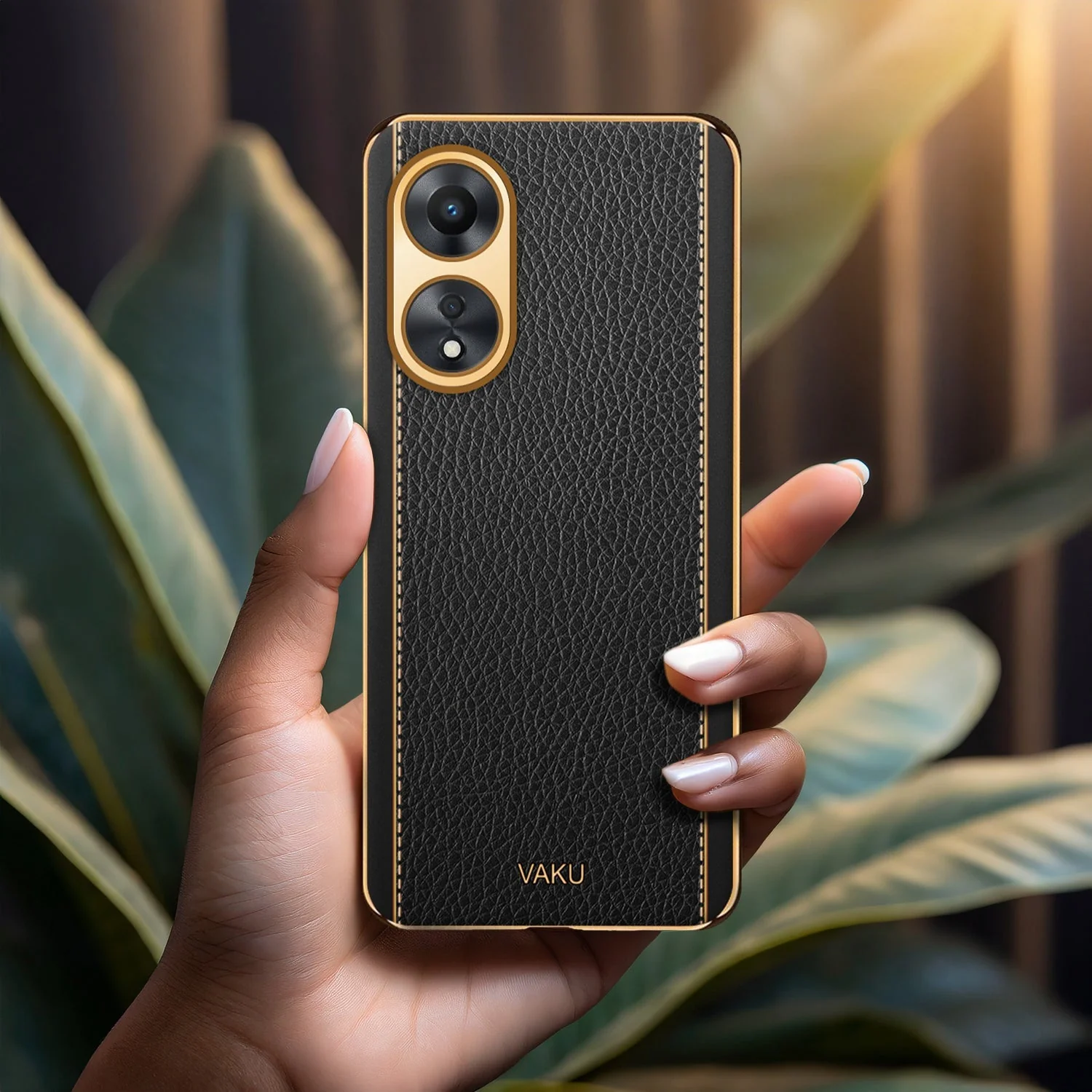 Vaku® Oppo A78 Luxemberg Series Leather Stitched Gold Electroplated Soft TPU Back Cover - Image 6