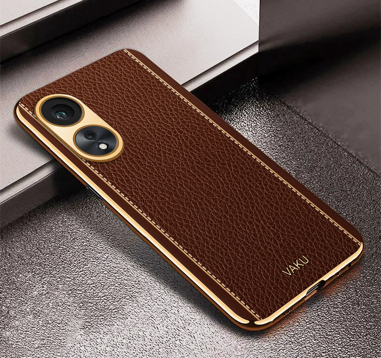 Vaku® Oppo A78 Luxemberg Series Leather Stitched Gold Electroplated Soft TPU Back Cover - Image 8