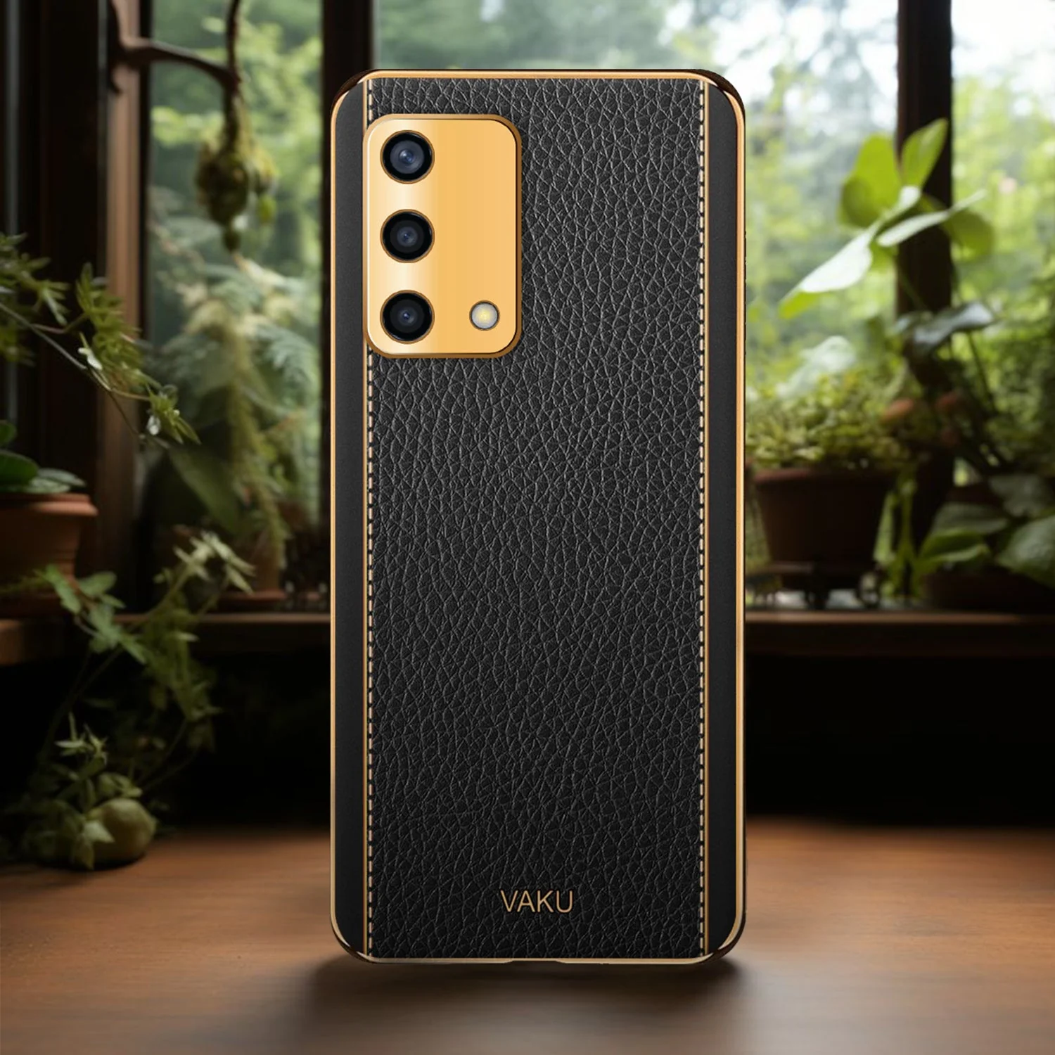 Vaku® Oppo F19s Luxemberg Series Leather Stitched Gold Electroplated Soft TPU Back Cover - Image 10