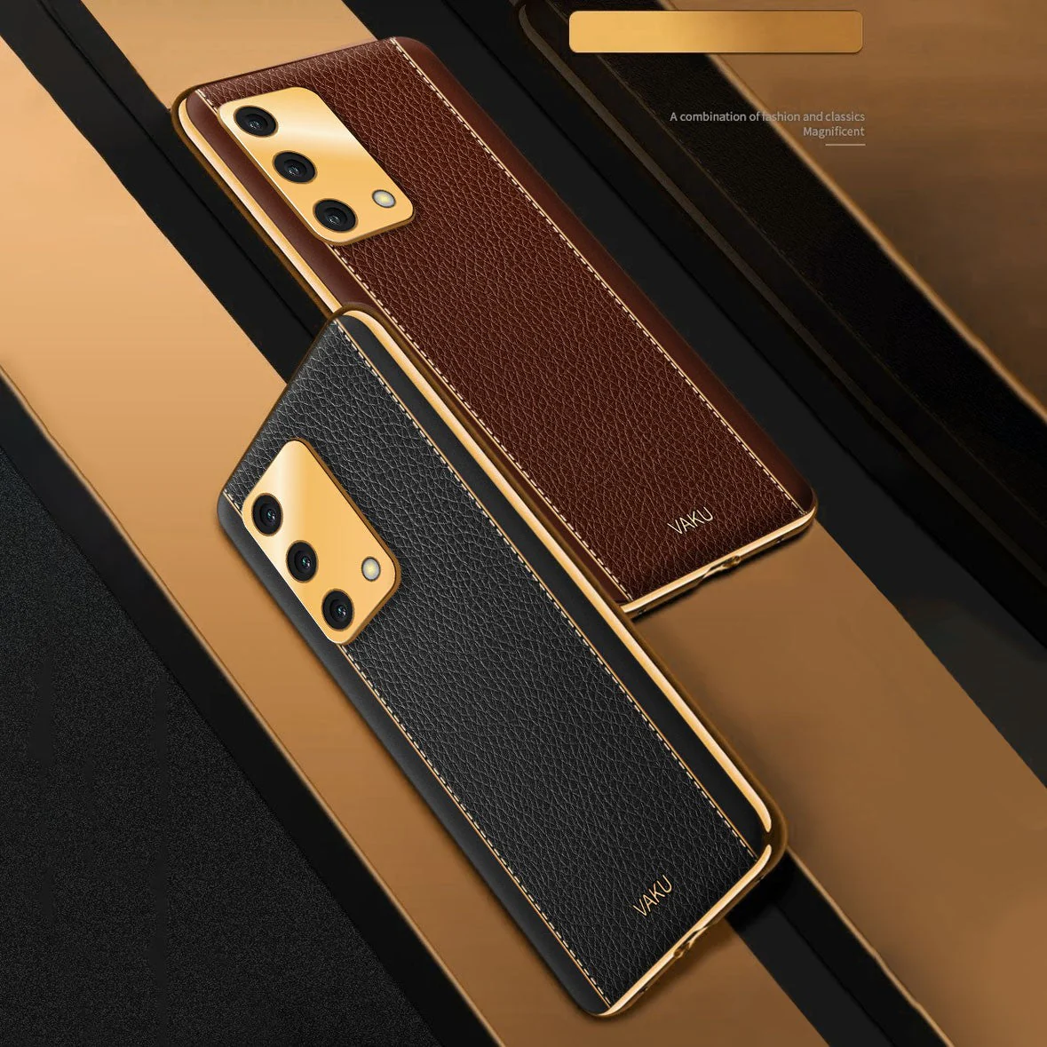 Vaku® Oppo F19s Luxemberg Series Leather Stitched Gold Electroplated Soft TPU Back Cover - Image 2