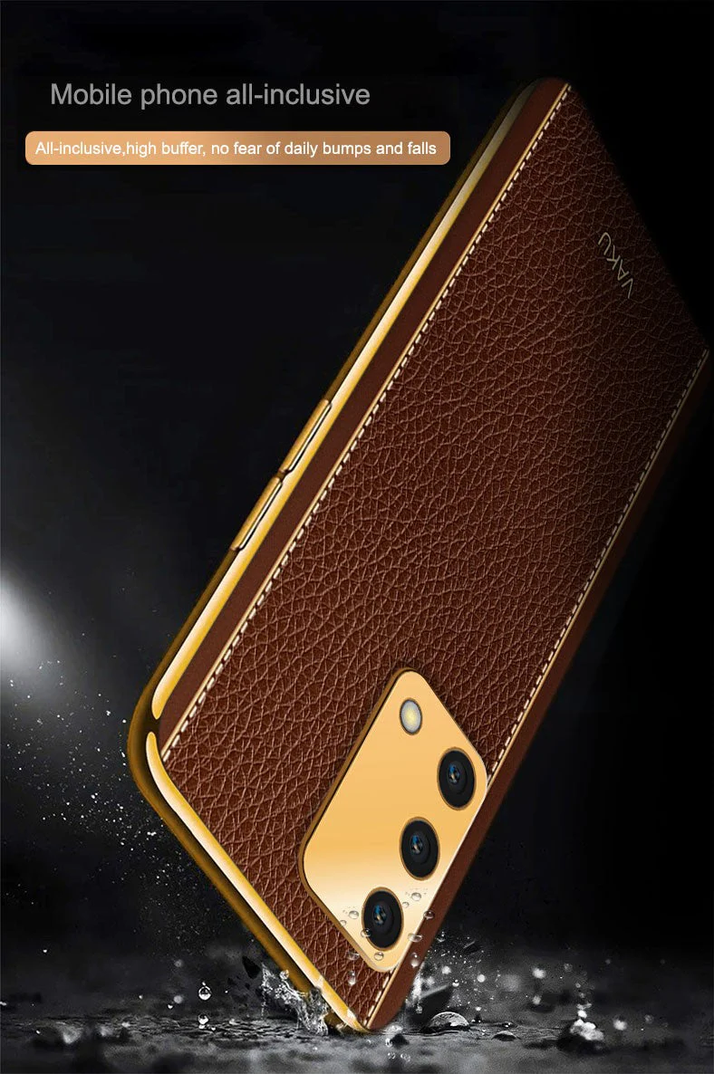Vaku® Oppo F19s Luxemberg Series Leather Stitched Gold Electroplated Soft TPU Back Cover - Image 4