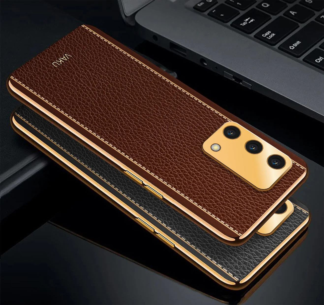 Vaku® Oppo F19s Luxemberg Series Leather Stitched Gold Electroplated Soft TPU Back Cover - Image 6