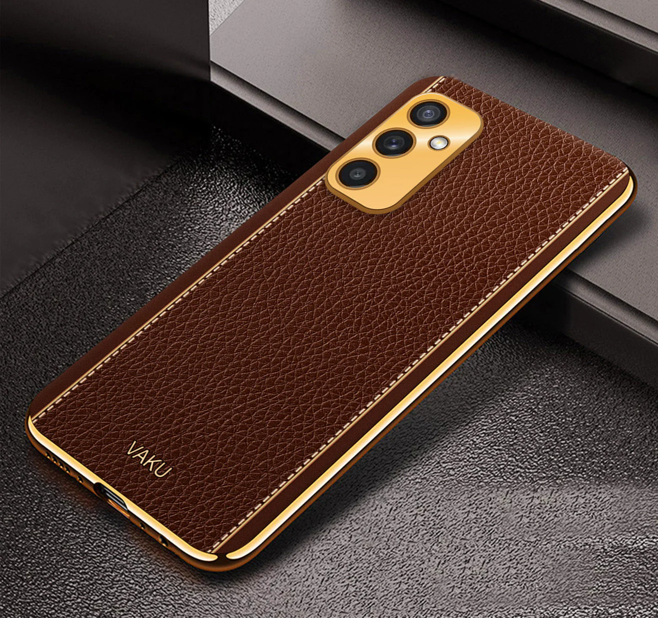 Vaku® Samsung Galaxy A14 Luxemberg Series Leather Stitched Gold Electroplated Soft TPU Back Cover