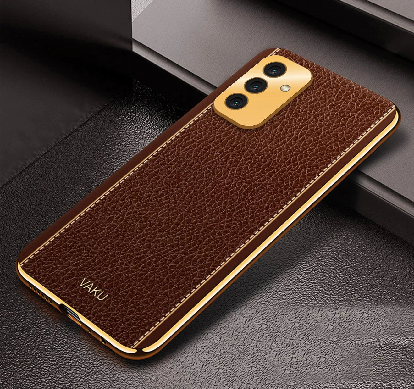 Vaku® Samsung Galaxy F13 Luxemberg Series Leather Stitched Gold Electroplated Soft TPU Back Cover - Image 11