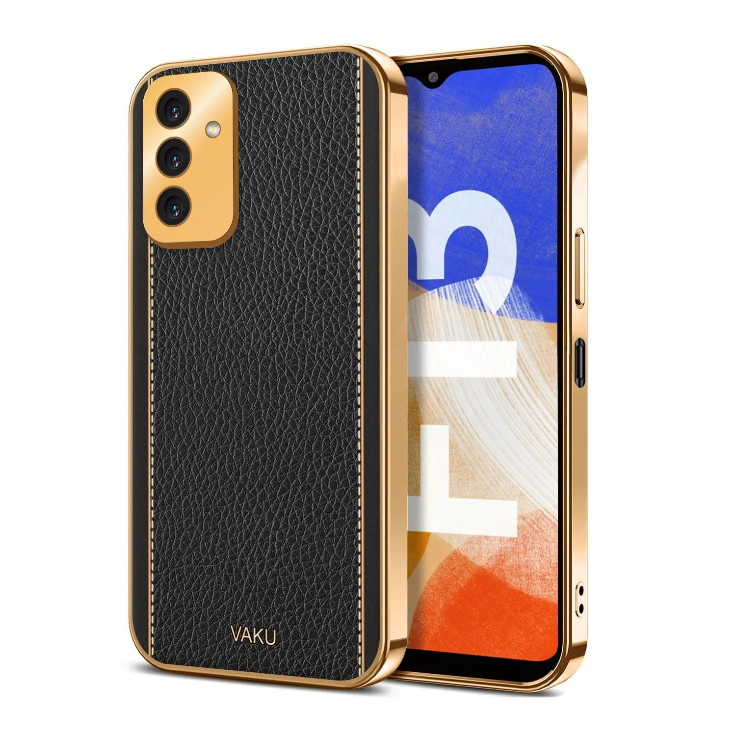 Vaku® Samsung Galaxy F13 Luxemberg Series Leather Stitched Gold Electroplated Soft TPU Back Cover - Image 2