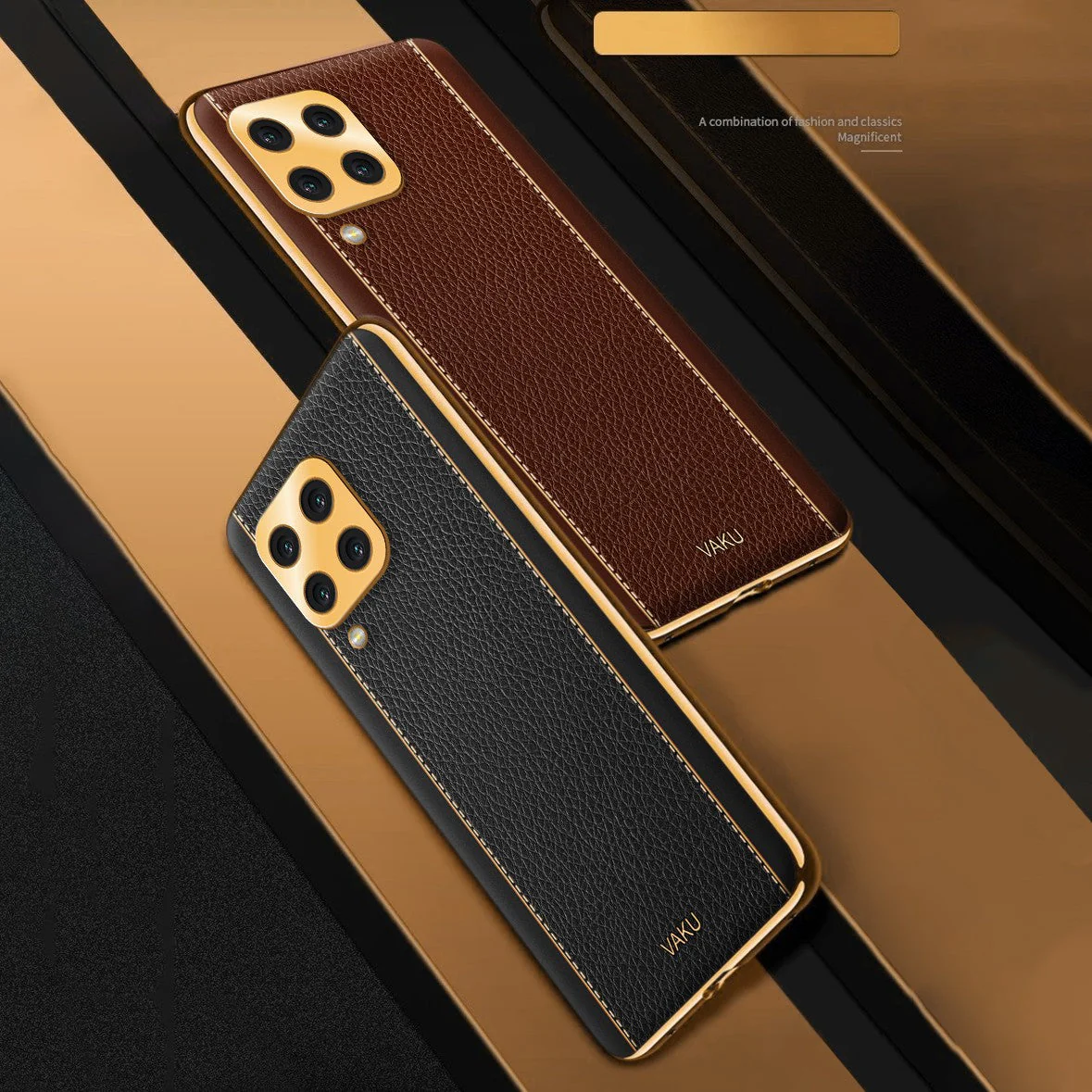 Vaku® Samsung Galaxy M32 Luxemberg Series Leather Stitched Gold Electroplated Soft TPU Back Cover - Image 7
