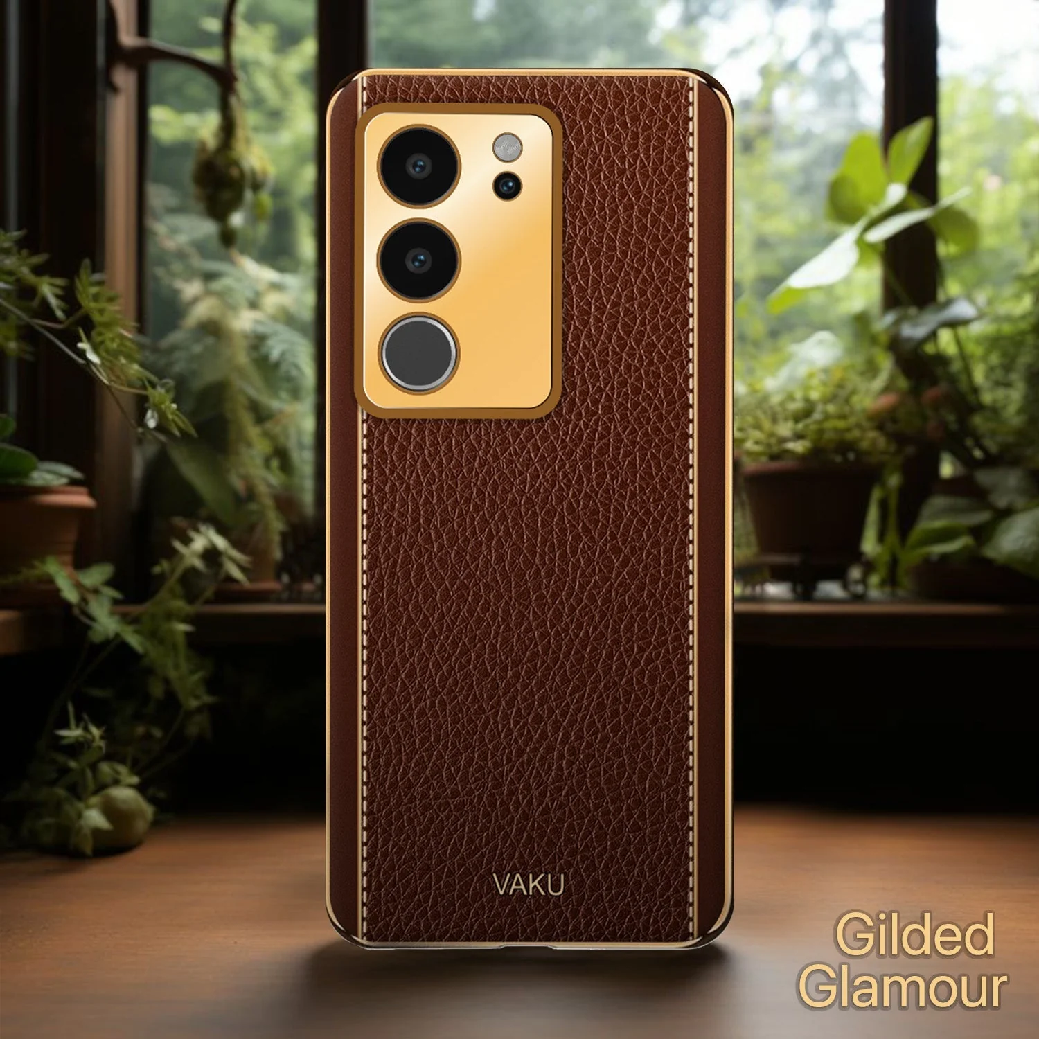 Vaku® Vivo V29 5G Luxemberg Leather Pattern Gold Electroplated Soft TPU Back Cover - Image 2