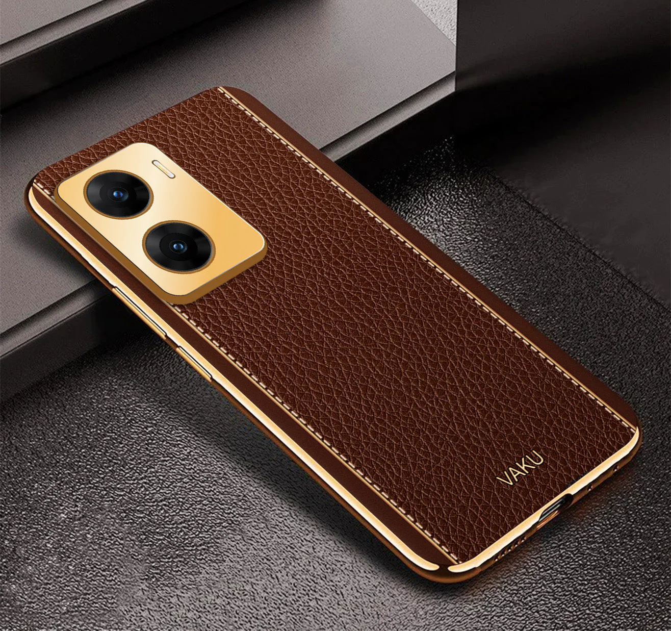 Vaku® Vivo V29e 5G Luxemberg Leather Pattern Gold Electroplated Soft TPU Back Cover - Image 4