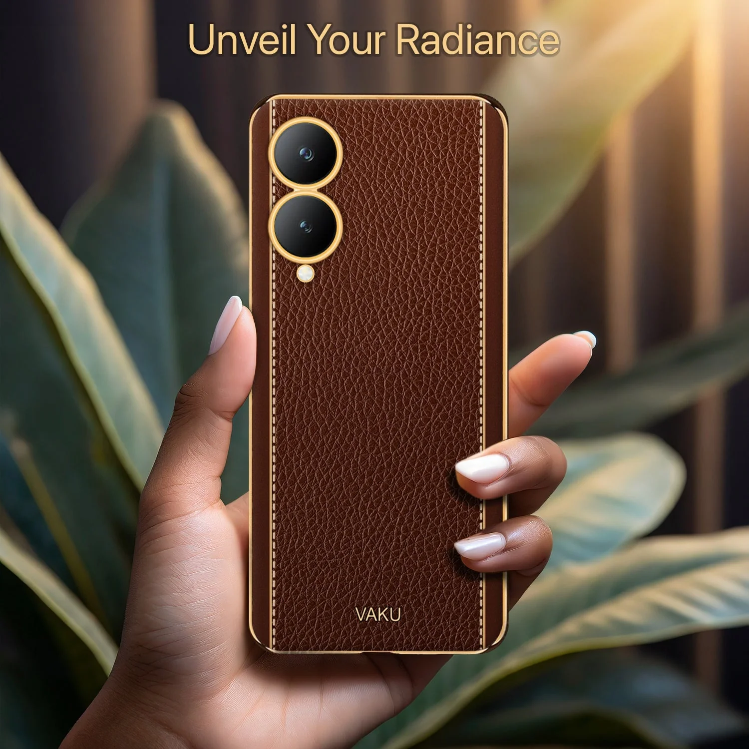 Vaku® Vivo Y17s Luxemberg Leather Stitched Gold Electroplated Soft TPU Back Cover Case - Image 10
