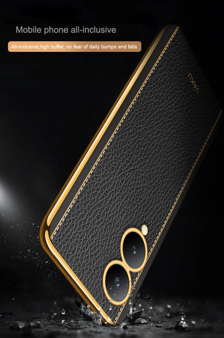 Vaku® Vivo Y17s Luxemberg Leather Stitched Gold Electroplated Soft TPU Back Cover Case - Image 14