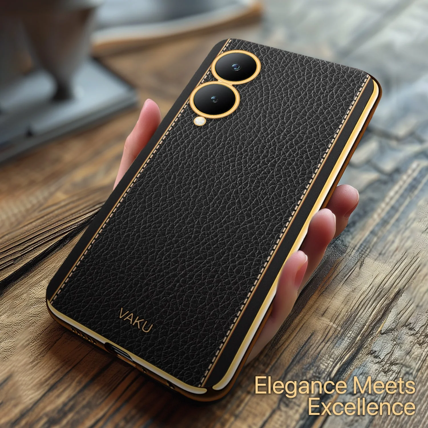 Vaku® Vivo Y17s Luxemberg Leather Stitched Gold Electroplated Soft TPU Back Cover Case - Image 16