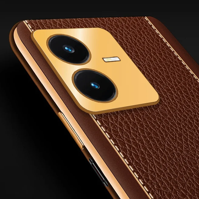Vaku® Vivo Y22 Luxemberg Series Leather Stitched Gold Electroplated Soft TPU Back Cover - Image 13