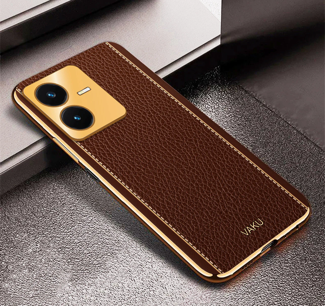 Vaku® Vivo Y22 Luxemberg Series Leather Stitched Gold Electroplated Soft TPU Back Cover - Image 15