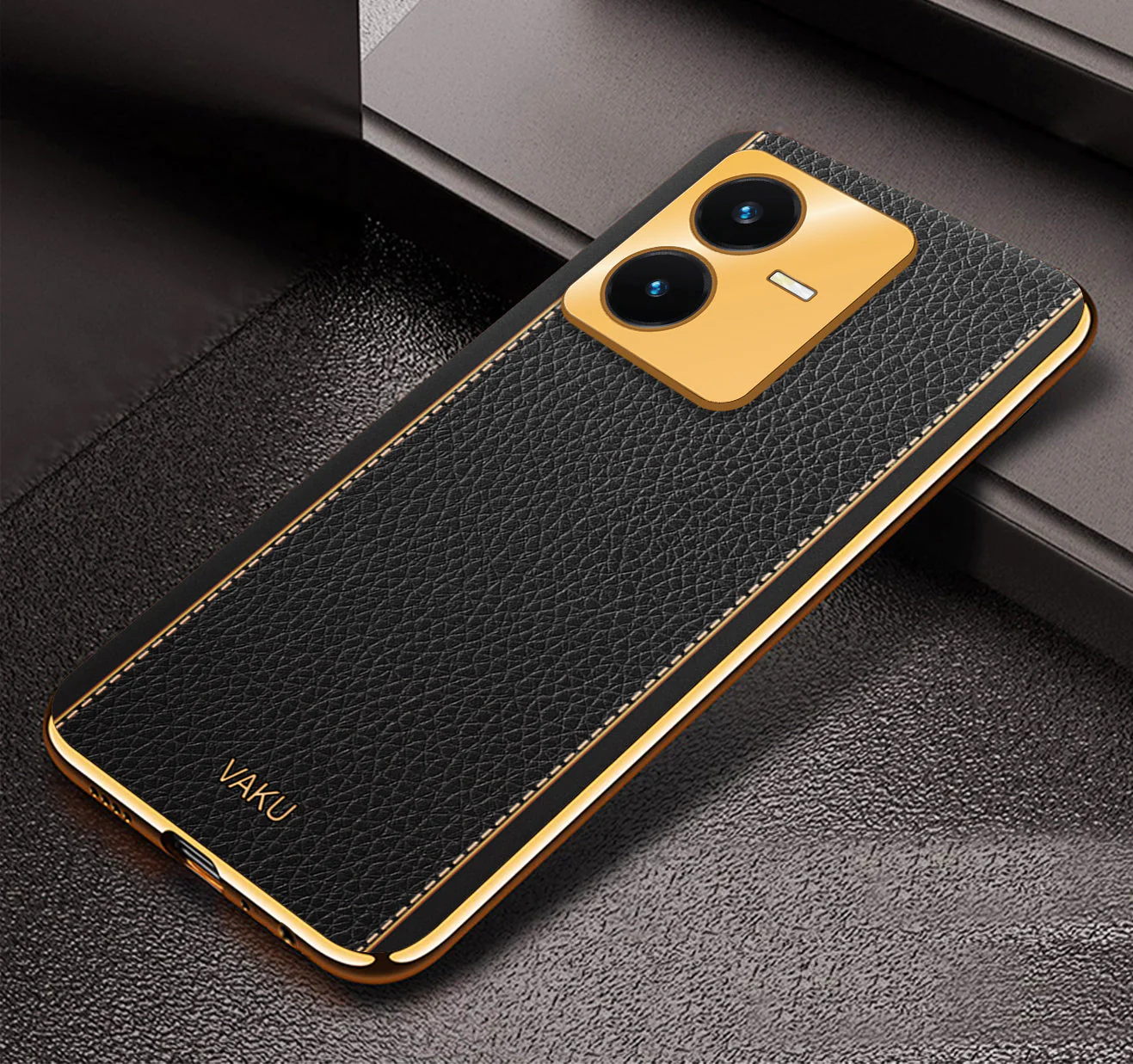 Vaku® Vivo Y22 Luxemberg Series Leather Stitched Gold Electroplated Soft TPU Back Cover - Image 16