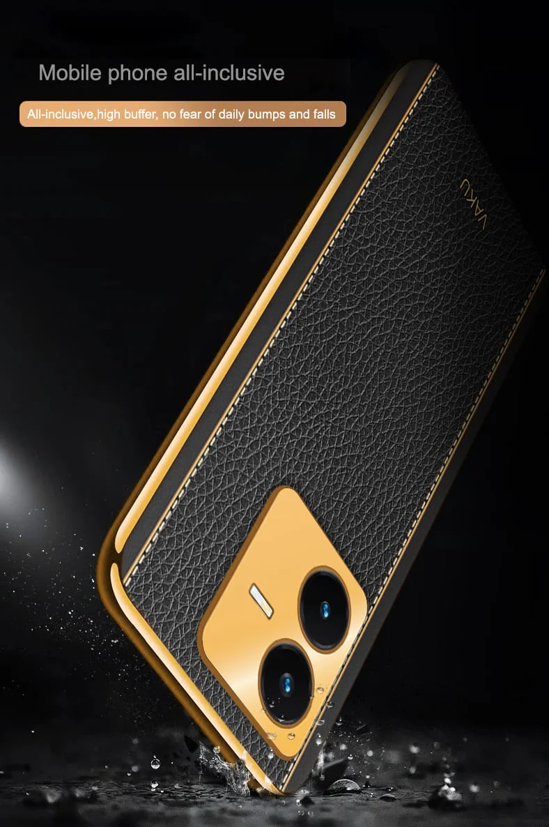 Vaku® Vivo Y22 Luxemberg Series Leather Stitched Gold Electroplated Soft TPU Back Cover - Image 8