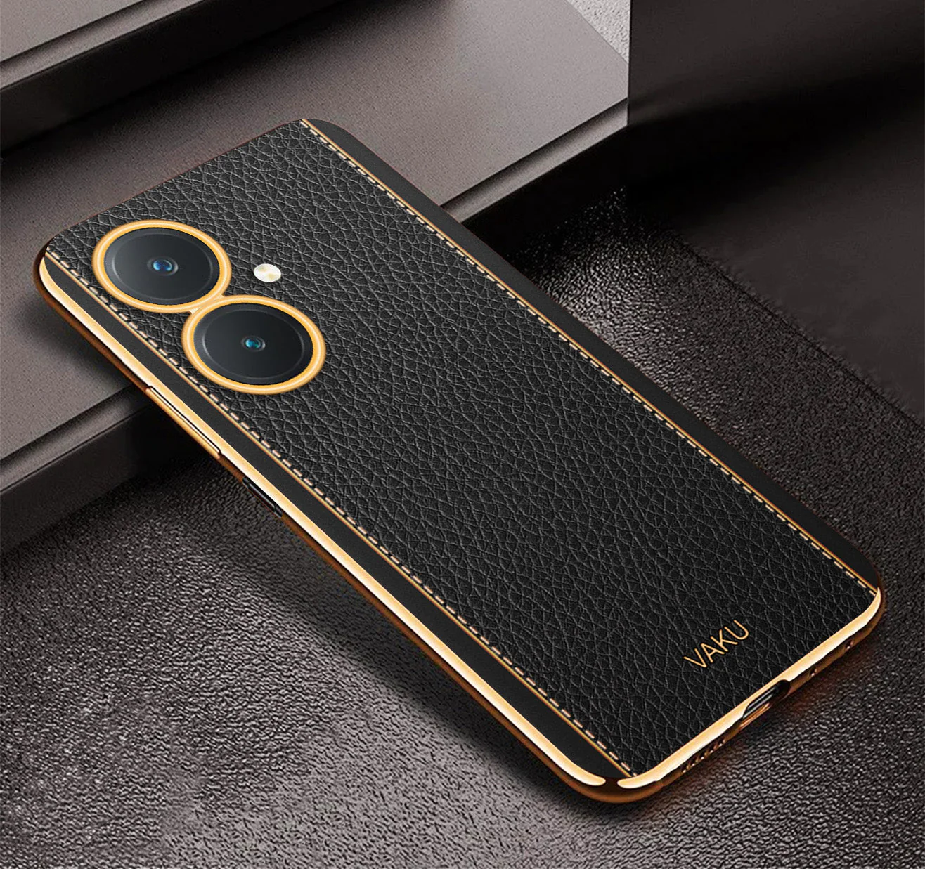 Vaku® Vivo Y27 Luxemberg Series Leather Stitched Gold Electroplated Soft TPU Back Cover - Image 14