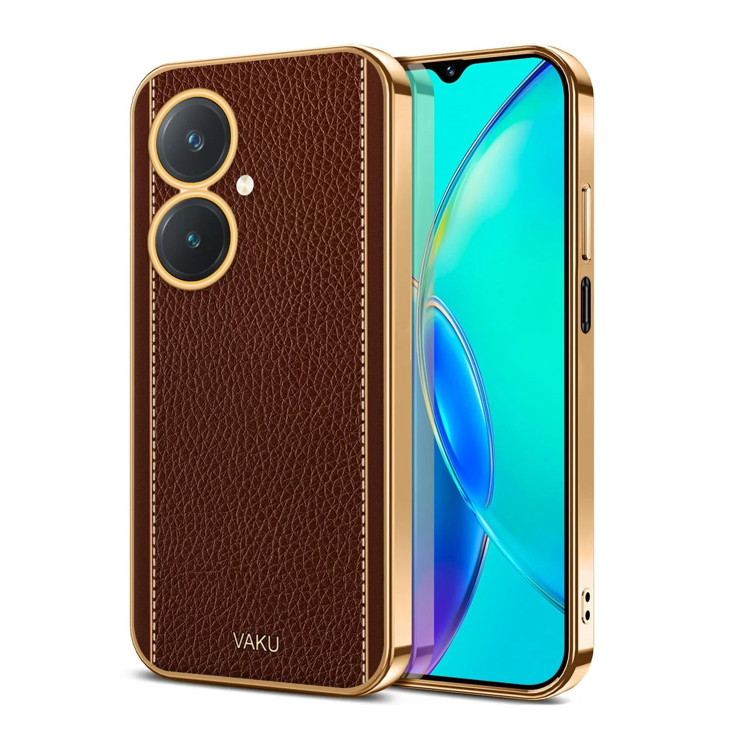 Vaku® Vivo Y27 Luxemberg Series Leather Stitched Gold Electroplated Soft TPU Back Cover - Image 2