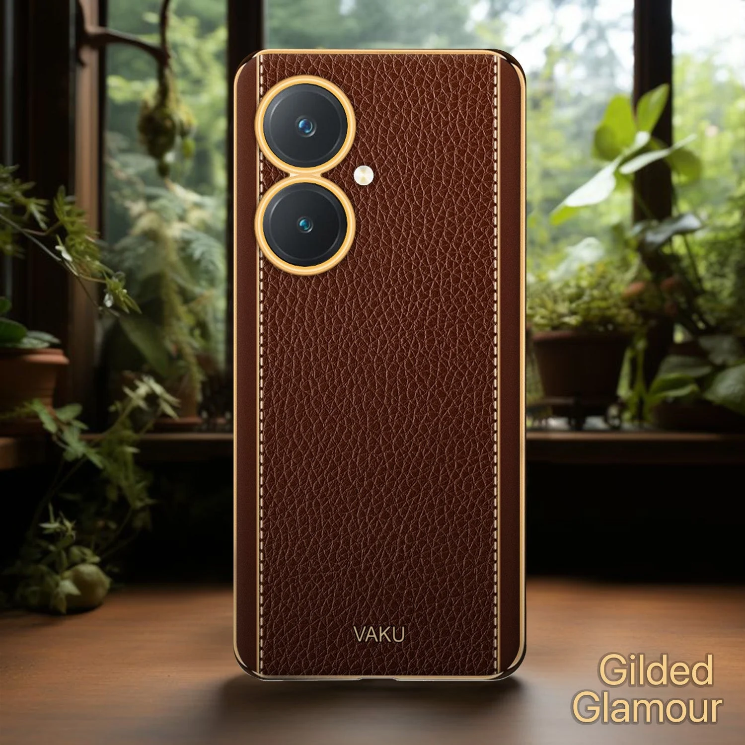 Vaku® Vivo Y27 Luxemberg Series Leather Stitched Gold Electroplated Soft TPU Back Cover - Image 3